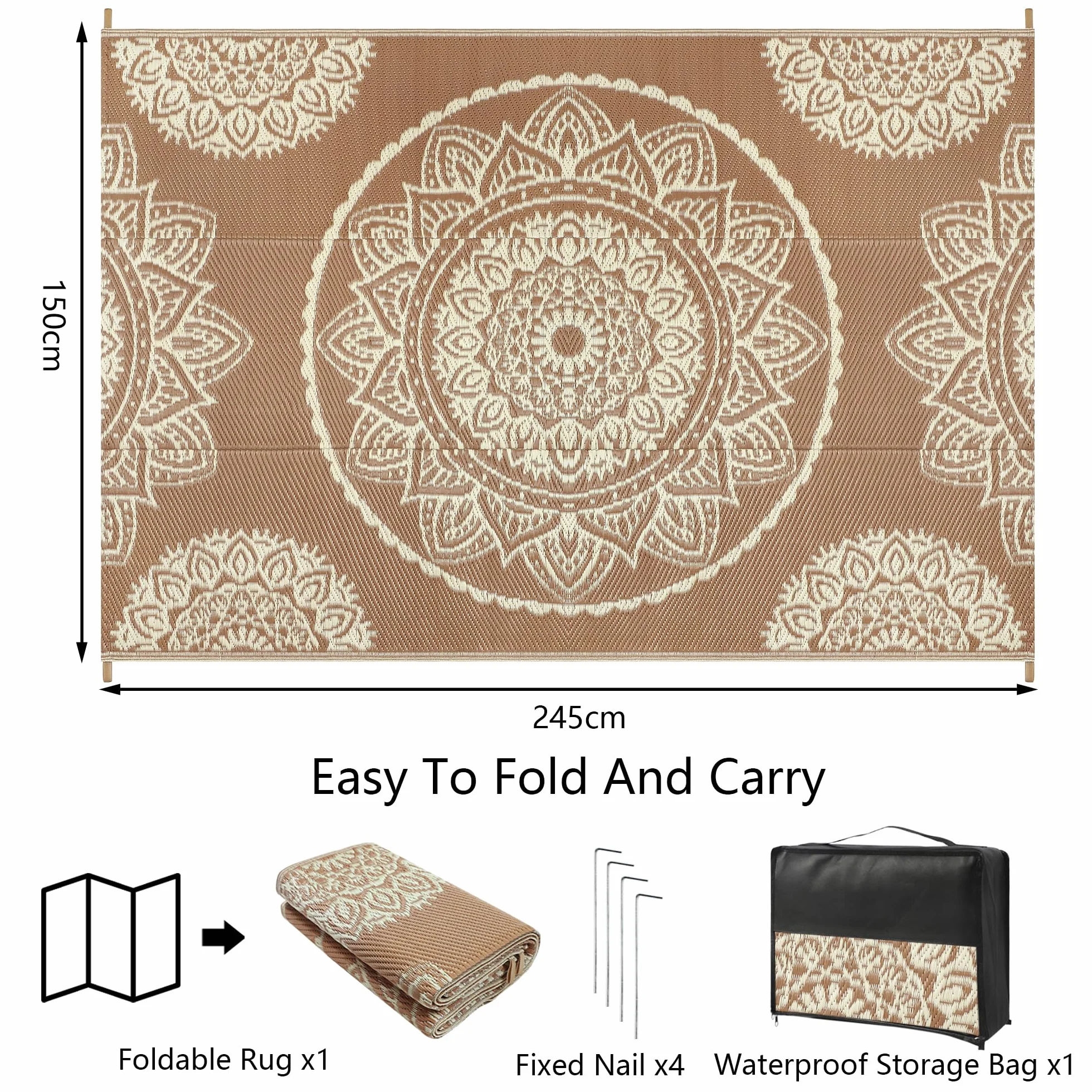 Famibay Alfombra Exterior Terraza 150x245cm Impermeable UV Reversible Beige Marrón