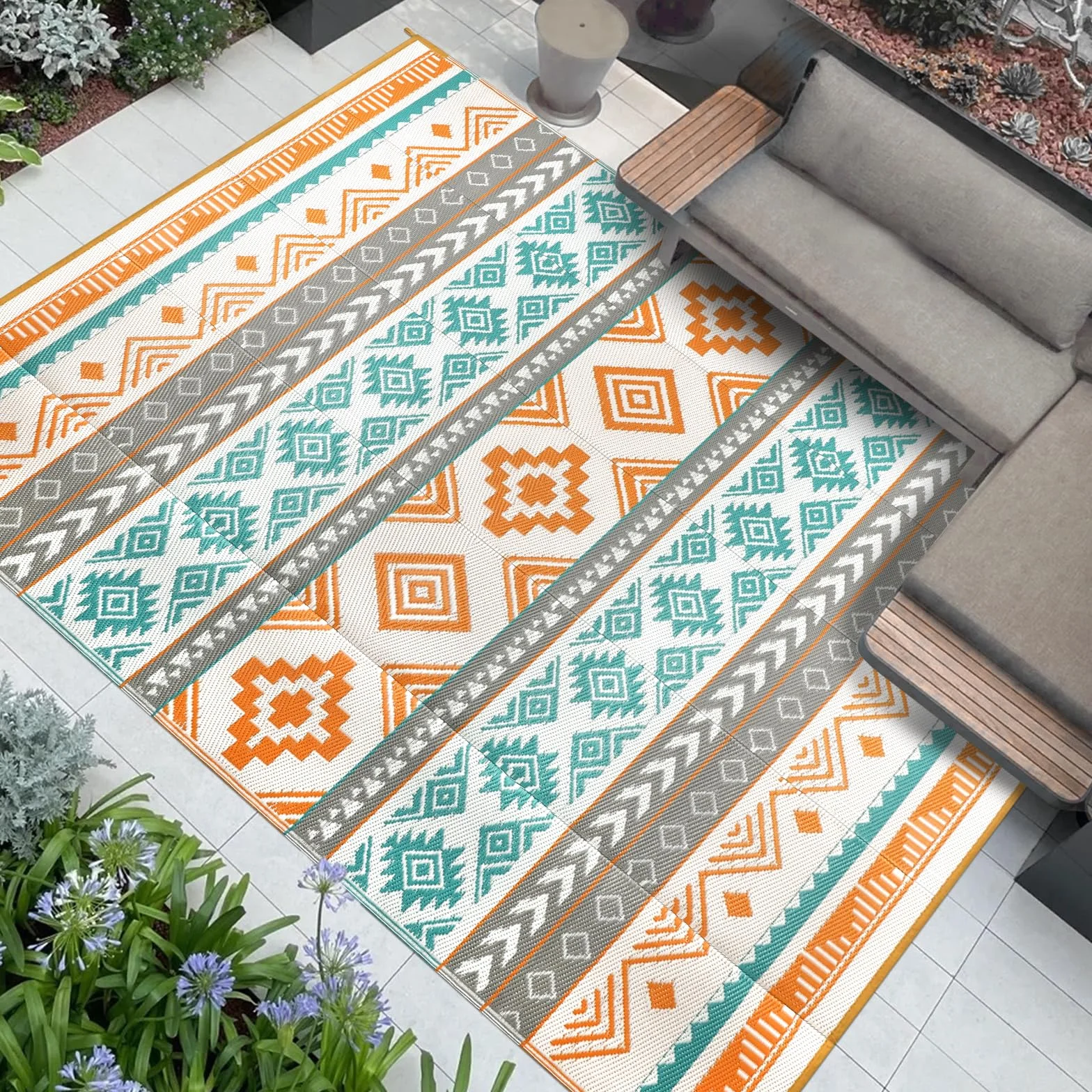Famibay Alfombra Exterior 180x270cm Impermeable Reversible Plástico Resistente UV Gris Amarillo