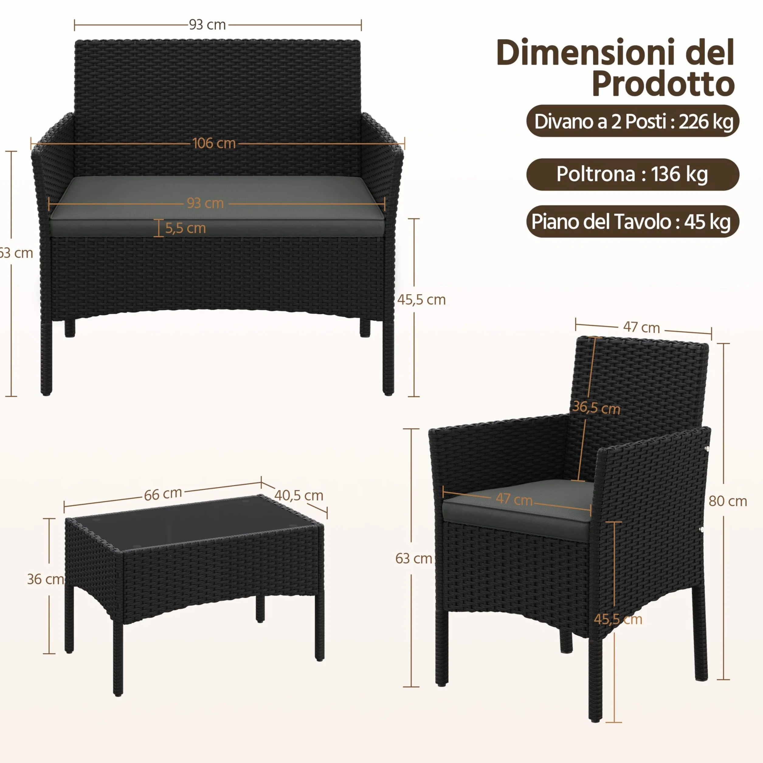 Yaheetech Conjunto Jardín 4 Piezas Muebles Ratán Exterior con Sofá 2 Plazas, Sillones, Cojines y Mesa Vidrio Negro/Gris