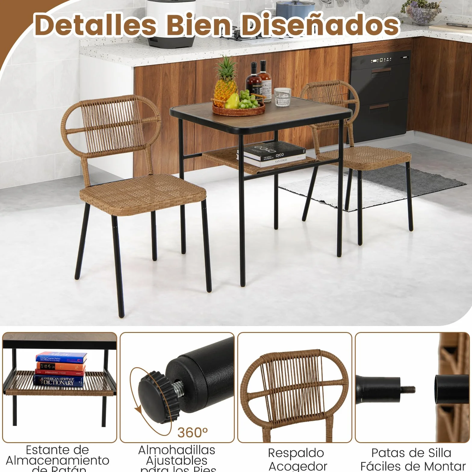 COSTWAY Conjunto Jardin Exterior de 3 Piezas, 2 Sillas de Ratán Apilables y Mesa de Comedor con Estante, Mesa y Sillas Jardin Terraza Balcon Interior Exterior
