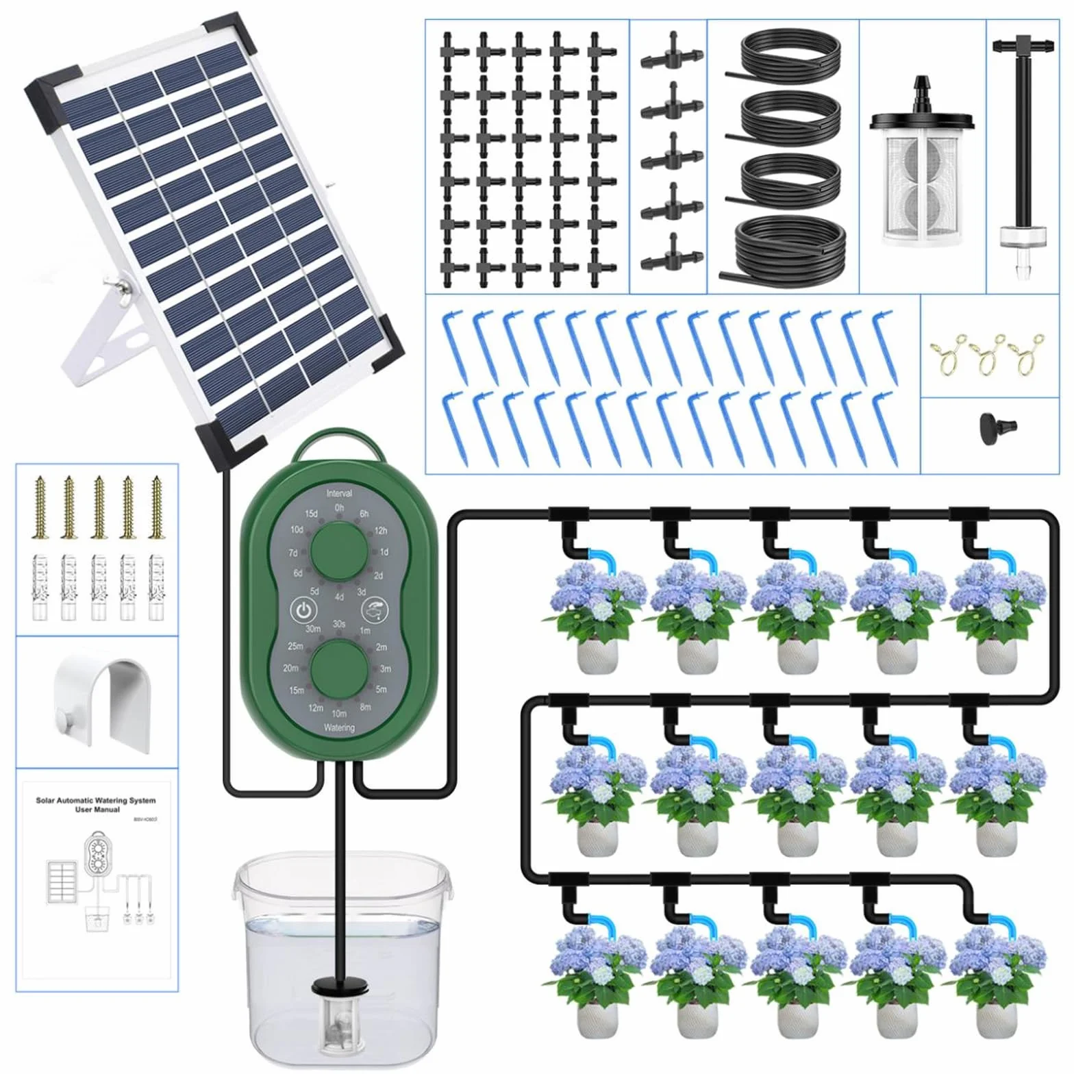 Sistema de riego solar para 30 plantas, sistema automático de riego por goteo con temporizador y manguera de 35 m, ideal para jardín, balcón y plantas en macetas
