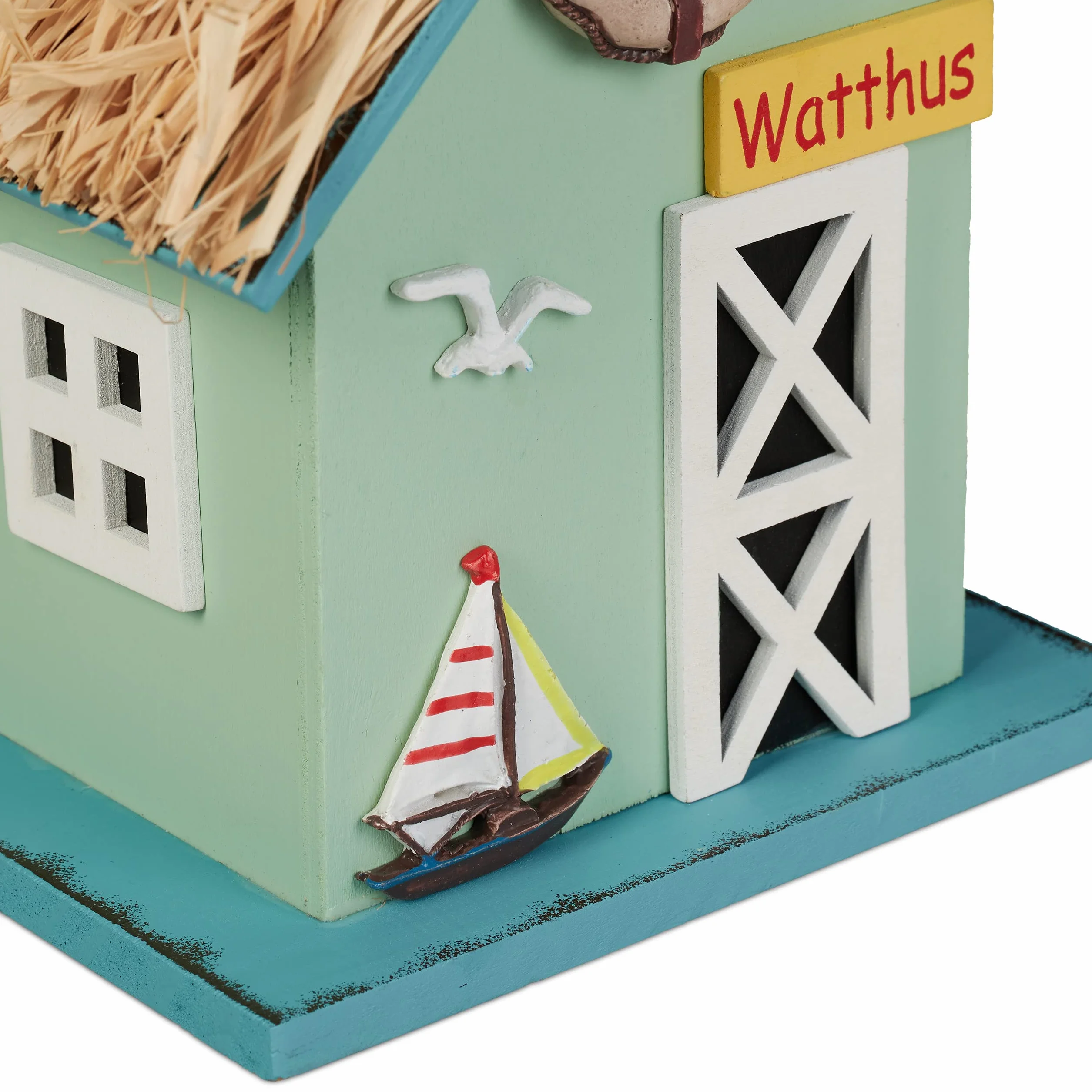 Relaxdays Casa Pájaro Decorativa Estilo Casita de Playa, Comedero Colgante de Madera, 24,5x19x13,5cm, Multicolor