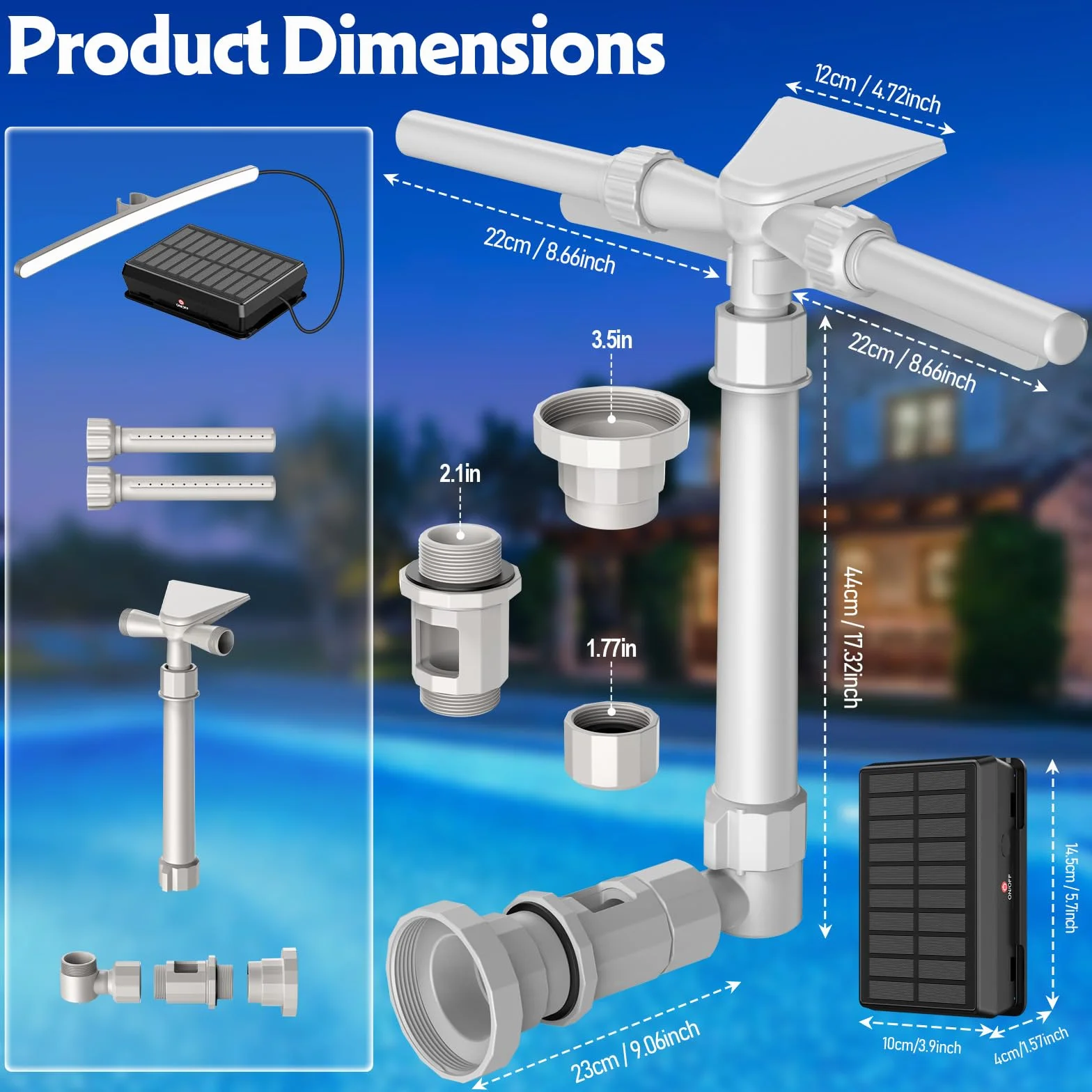 Cascada Solar para Piscina LED 9 Colores Aspersor Fuente 2 en 1 Doble Cabeza Ajustable Mando a Distancia
