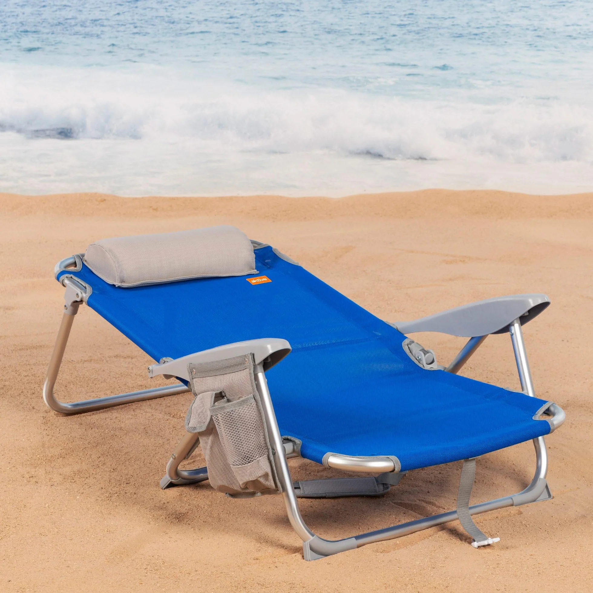 AKTIVE Pakiet 2 krzeseł plażowych składanych, 4 pozycje, niebieski, 110 kg, z poduszką