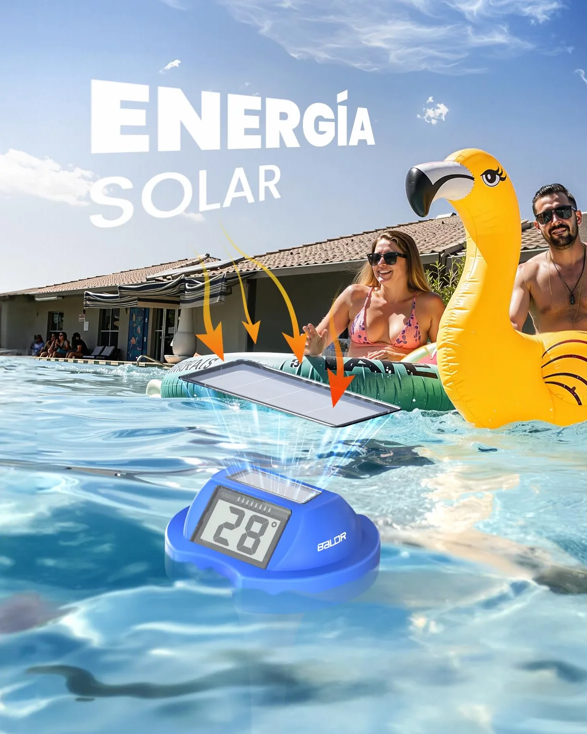 BALDR Termómetro piscina solar flotante IPX7 impermeable doble pantalla antirreflejos