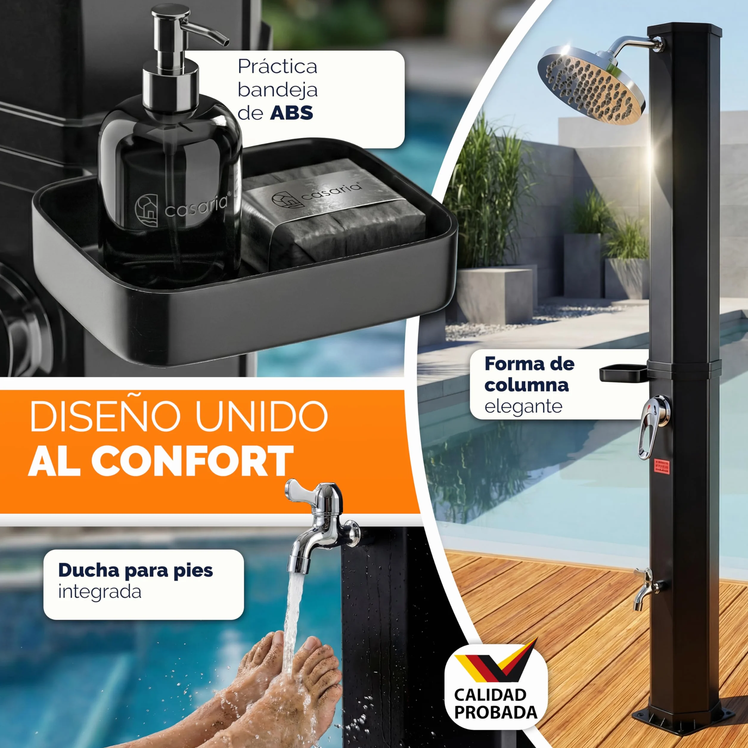 Ducha Solar Exterior 35 litros CASARIA Agua Caliente 60 °C Cabezal Lluvia Cubierta UV