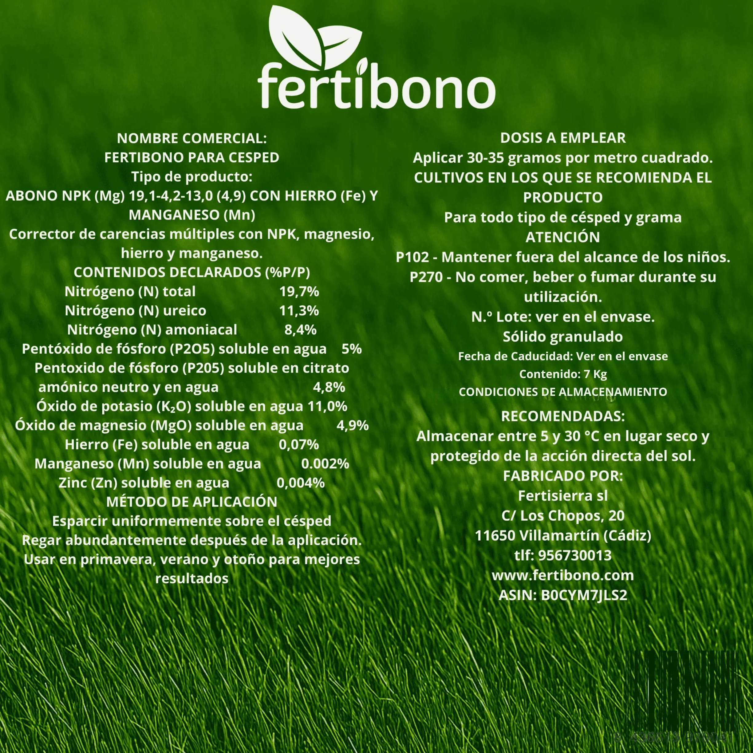 FERTIBONO Abono Césped 7kg NPK Magnesio Hierro Manganeso Azufre Hasta 280 m2