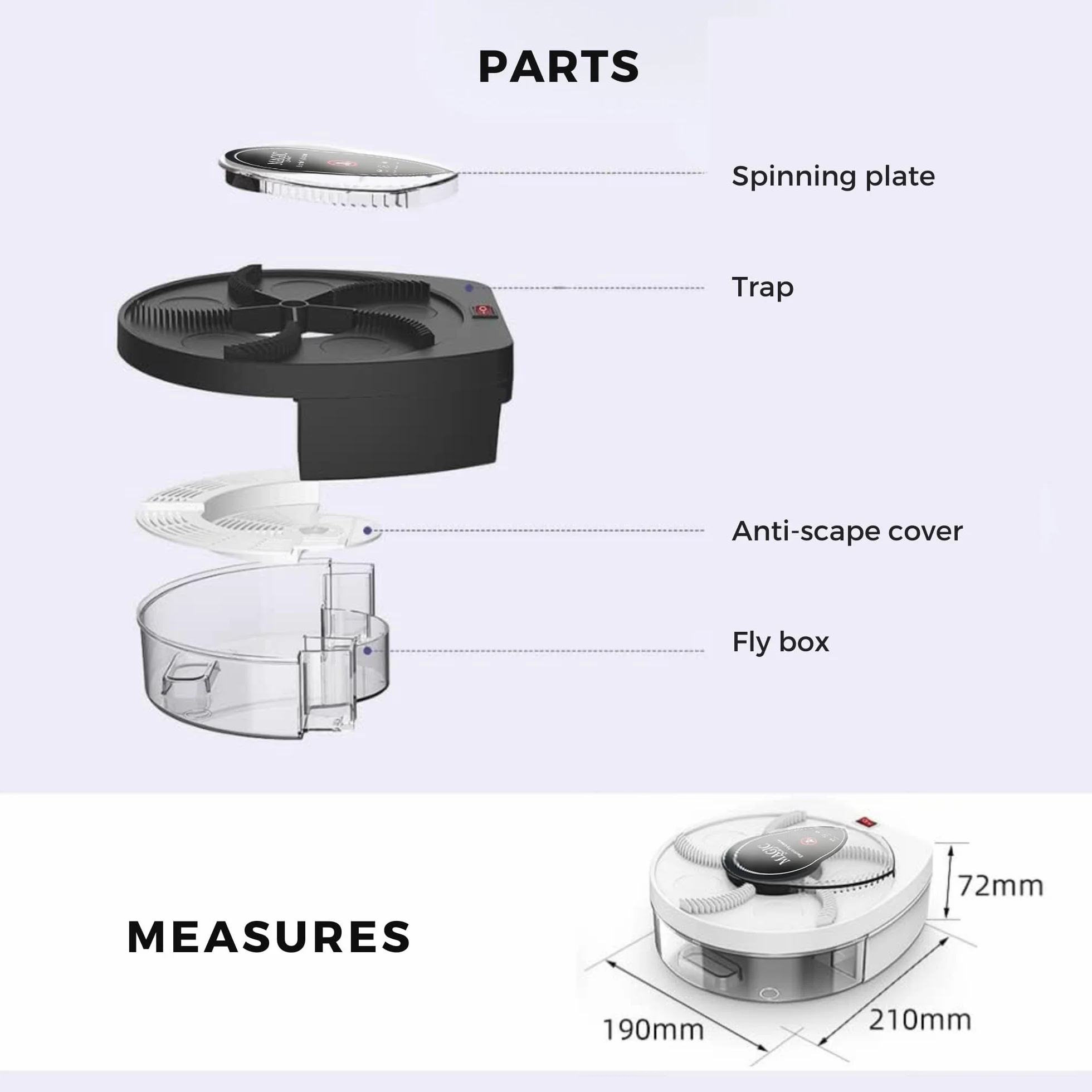 MAGIC SELECT Atrapa Moscas Eléctrico Giratorio 360° con Batería 72h y Carga USB