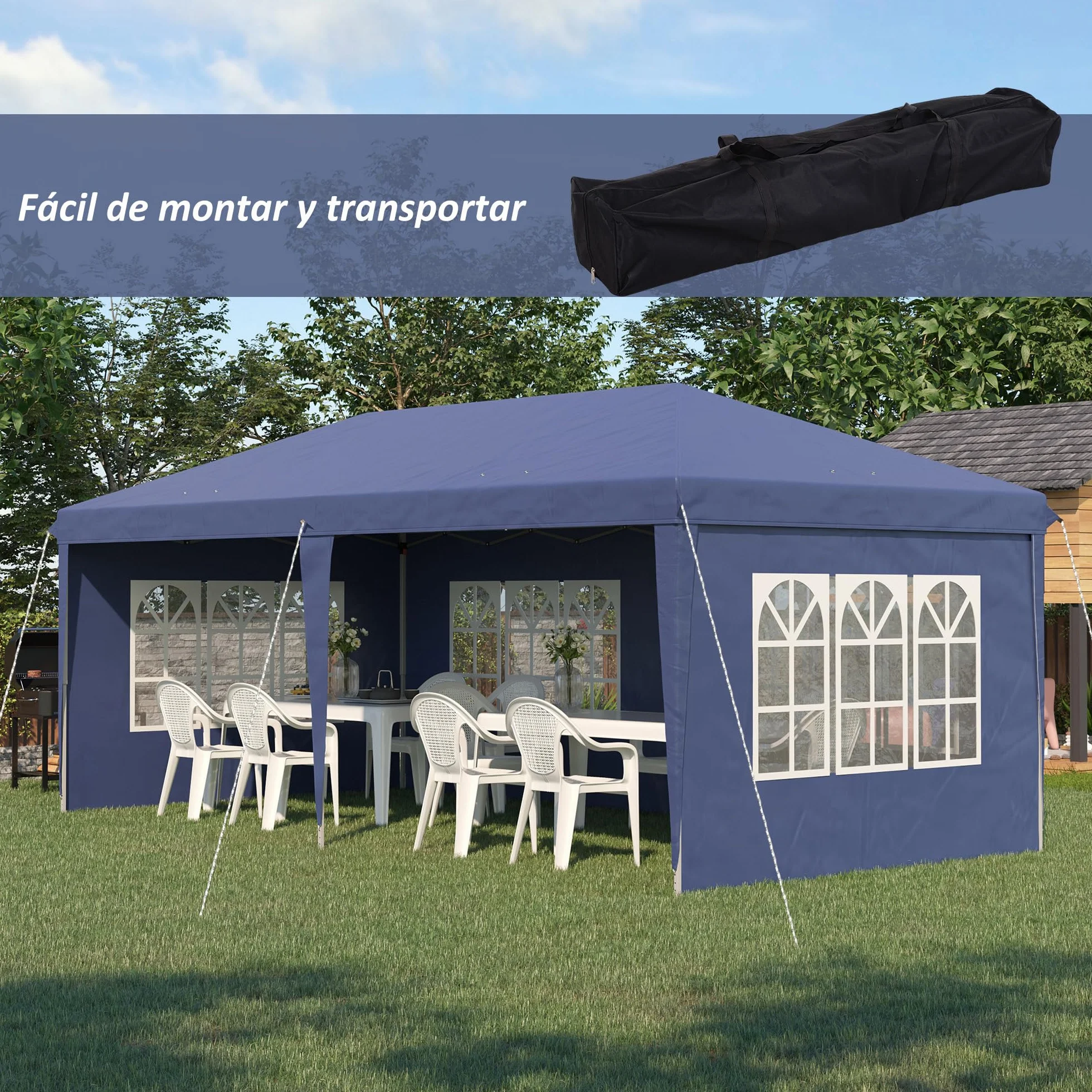Outsunny Carpa Plegable 6x3 m, Pop-up, con 4 Laterales Desmontables, Cenador de Jardín con 4 Ventanas Visibles y Bolsa de Transporte, Impermeable, Anti-UV, Gazebo para Camping, Fiestas, Exterior Azul