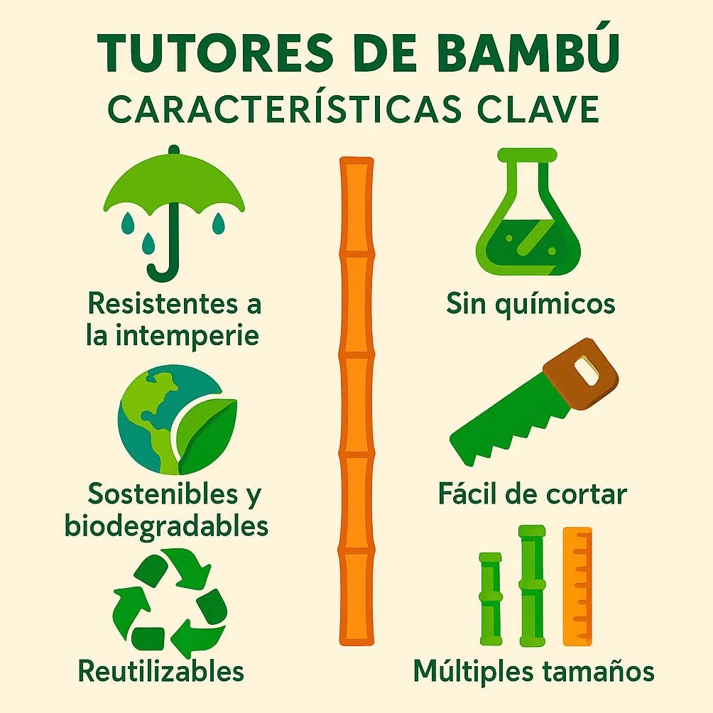 Tutores de Bambú 150 cm Ø 10/12 mm para Huerto, Tomateras y Jardín