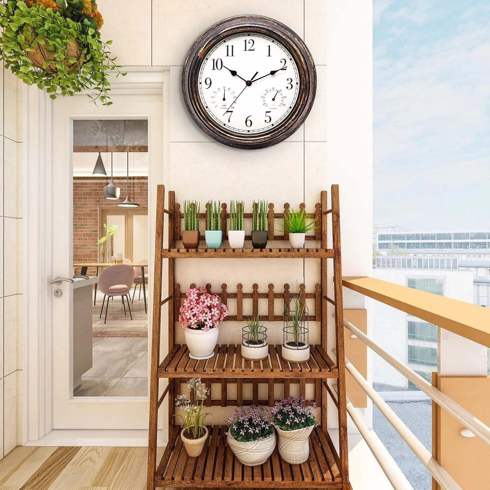 SUNOYA Reloj de jardín exterior 30 cm resistente al agua termómetro higrómetro reloj de pared retro