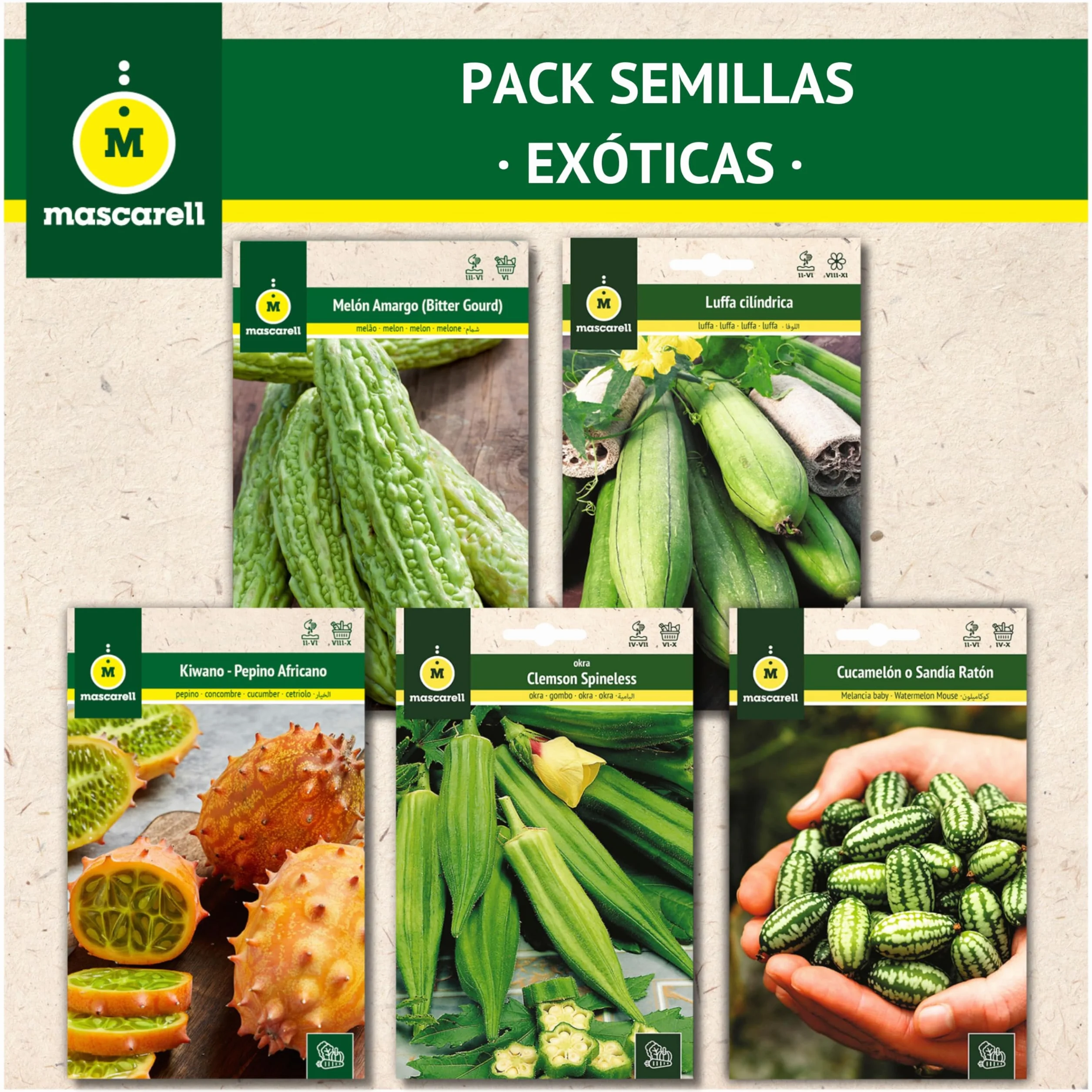 Mascarell Semillas Pack Semillas Exoticas Kit Huerto en Casa Cucamelon Kiwano Melon Amargo Okra Luffa