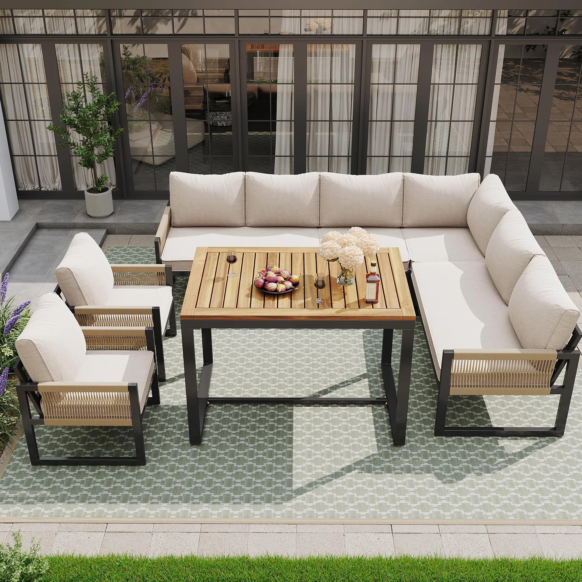 Juego de salón de jardín, grupo de comedor para 7-8 personas, muebles de jardín, juego de muebles de jardín, balcón, terraza, resistente a la intemperie, grupo de comedor moderno
