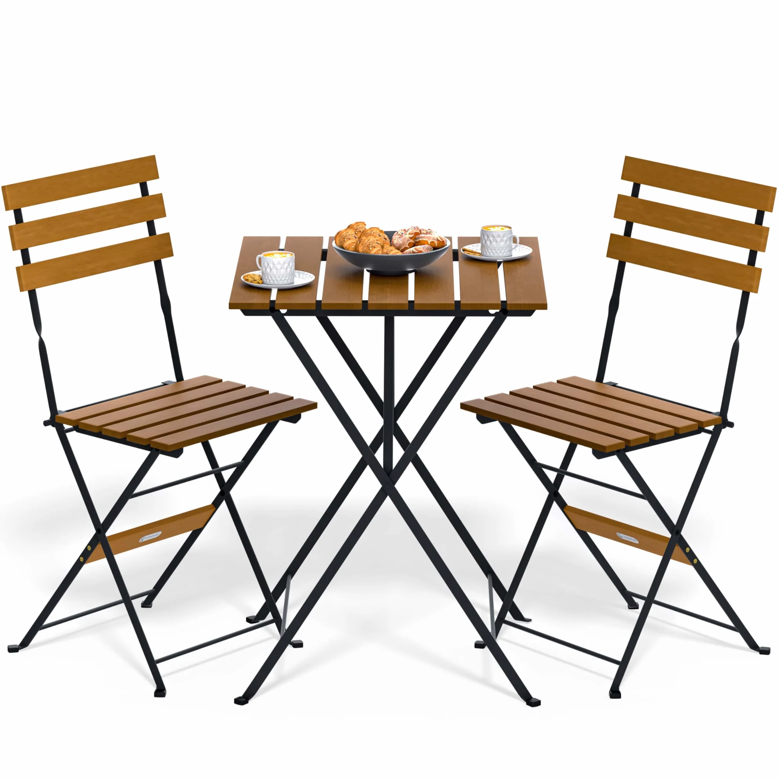 CASARIA® Set Muebles de Balcón 3 Pzs Mesa 2 Sillas Jardín Plegables Completo Metal Madera Acacia Certif FSC®