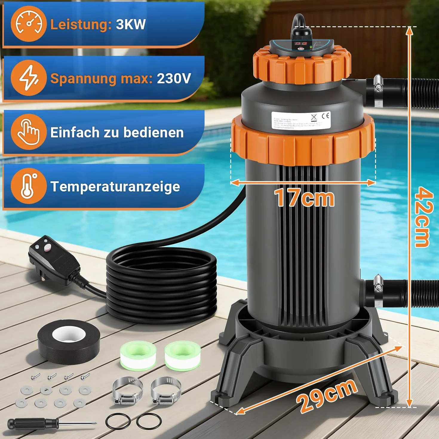 Calentador de piscina 3000 W 17 x 42 cm diámetro pantalla digital almacenamiento automático de calor