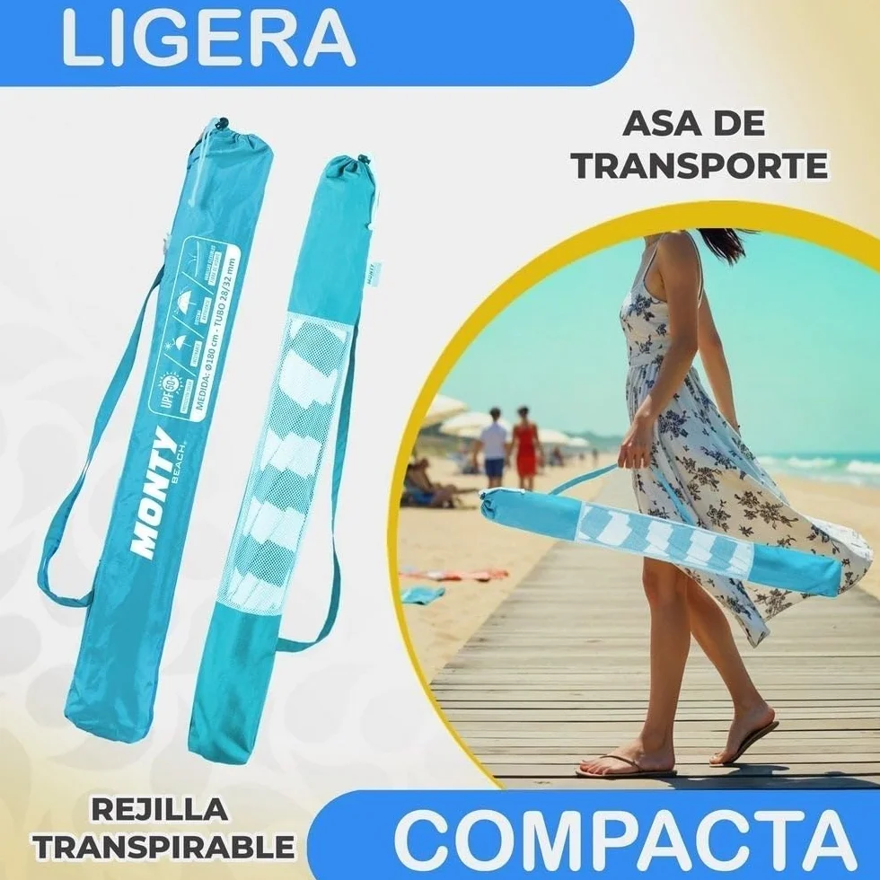 LOLAhome Sombrilla Playa 200 cm Protección UV+50 Antiviento Varillas Flexibles Techo Ventilación Mástil Inclinable Regulable Altura Bolsa Transporte