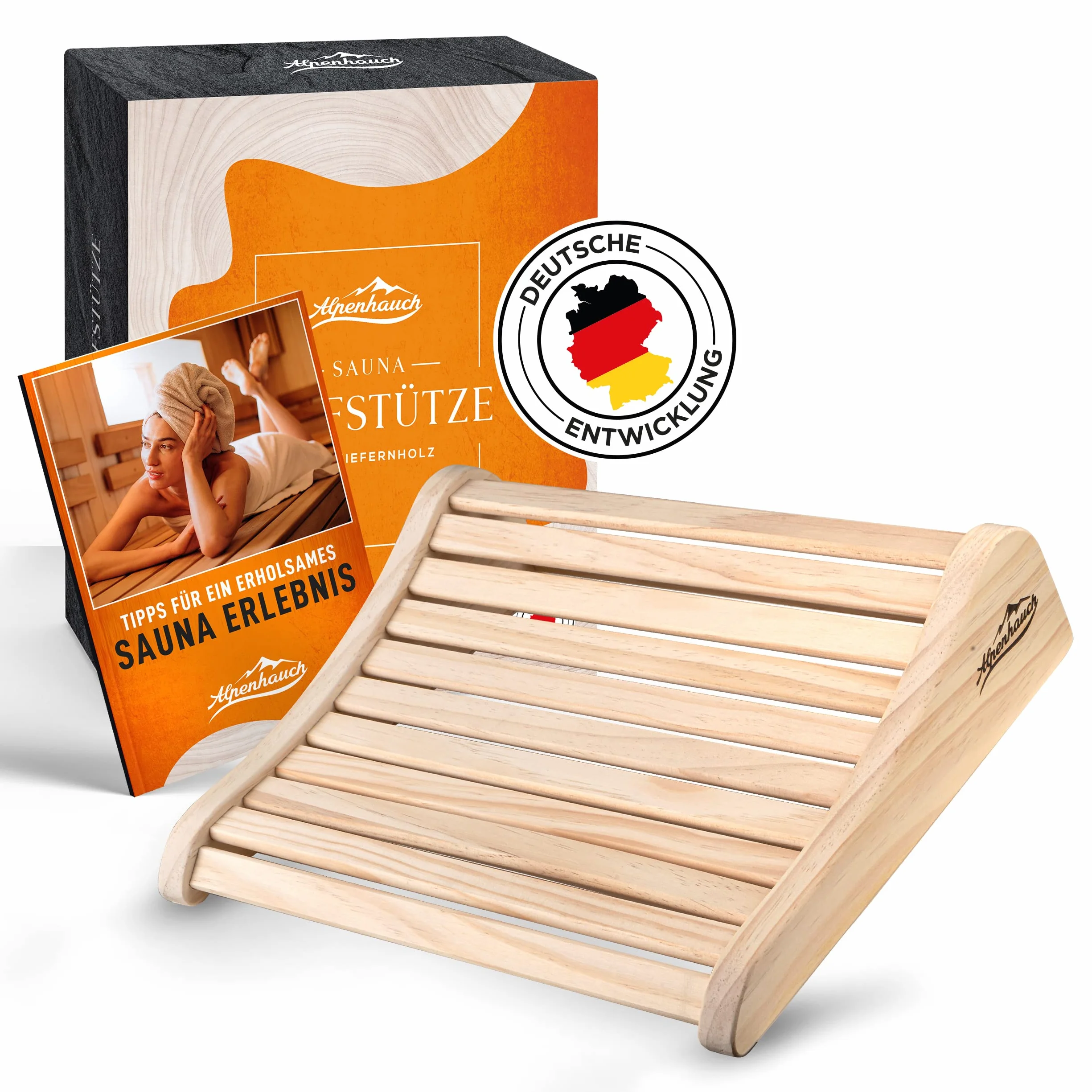 ALPENHAUCH Reposacabezas de madera para sauna [100% madera natural] – Reposacabezas ergonómico para sauna de madera – Accesorios nobles para sauna cabina de infrarrojos – Cómodo y ancho reposacabezas