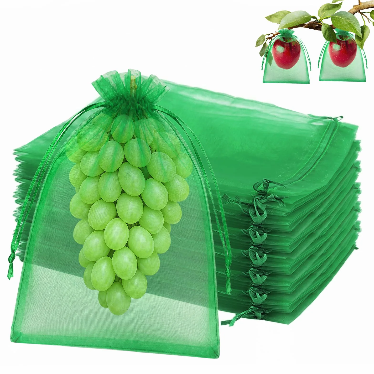 Bolsas Protectoras para Uvas 20x30 cm Malla de Protección con Cordón Verde