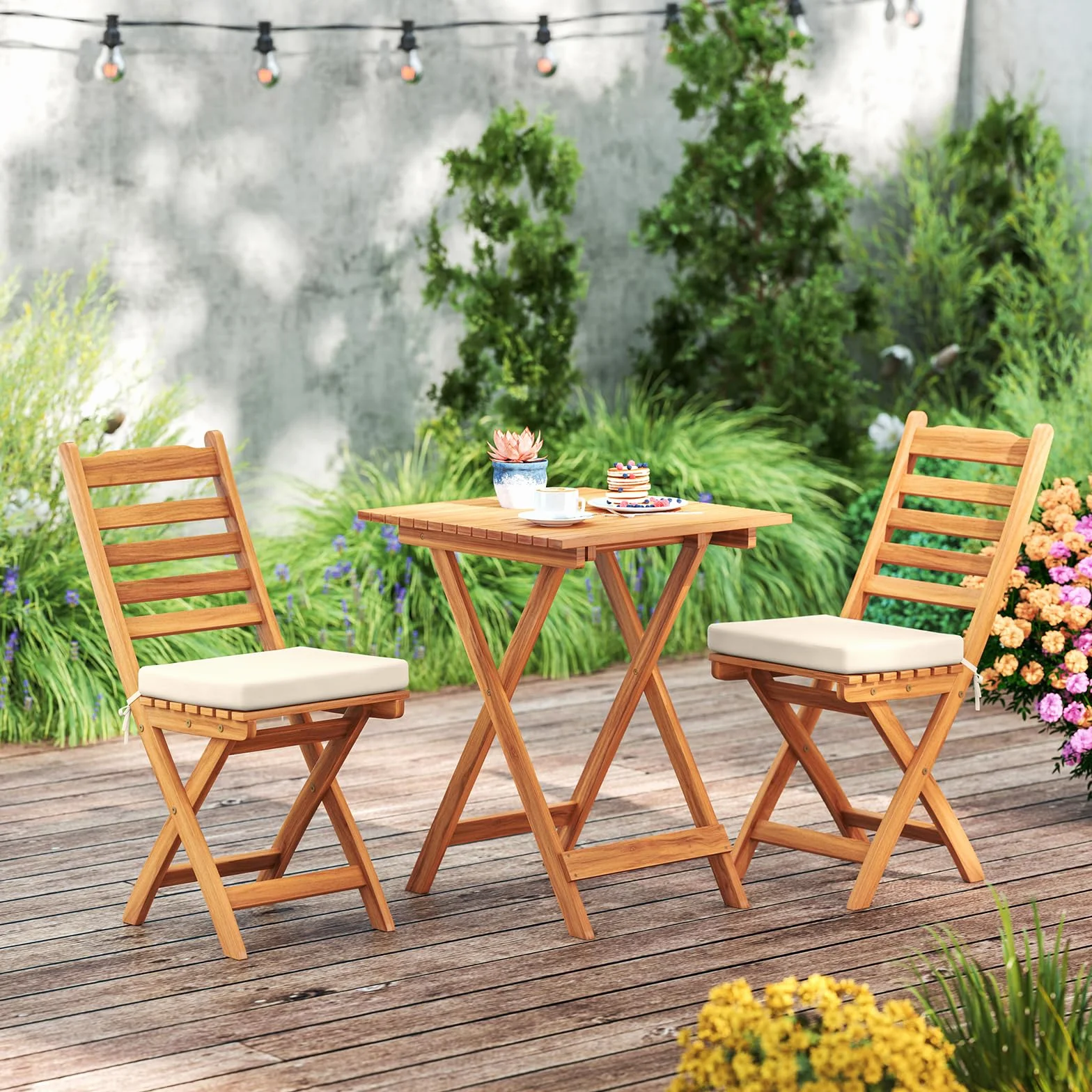 KOMFOTTEU Juego de Bistro 3 Piezas Plegables, Mesa y 2 Sillas de Madera de Acacia para Jardín