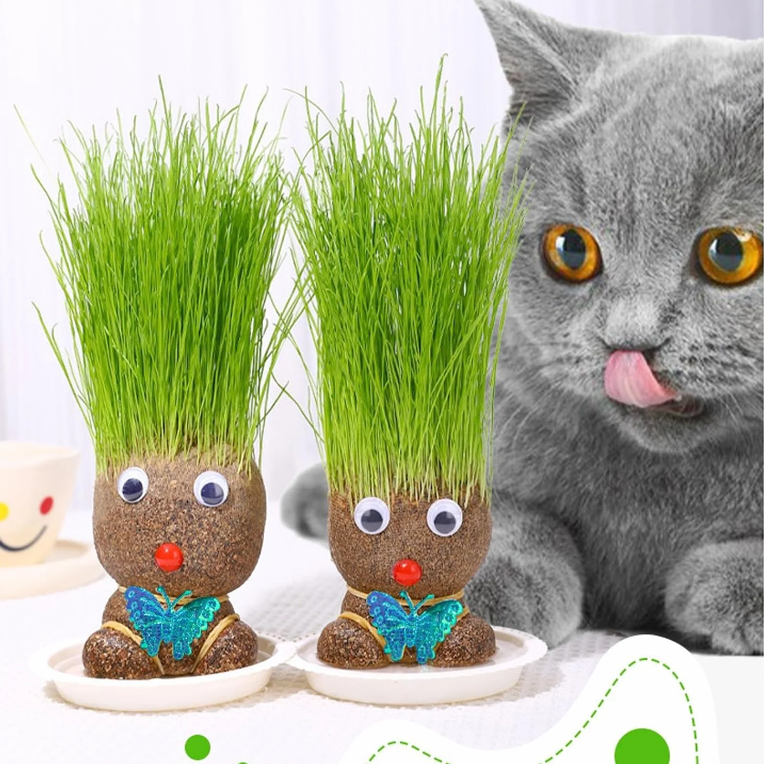Maceta Cabeza de Muñeca Planta de Hierba con Bandeja, Set de 2, Plantas en Maceta para Niños