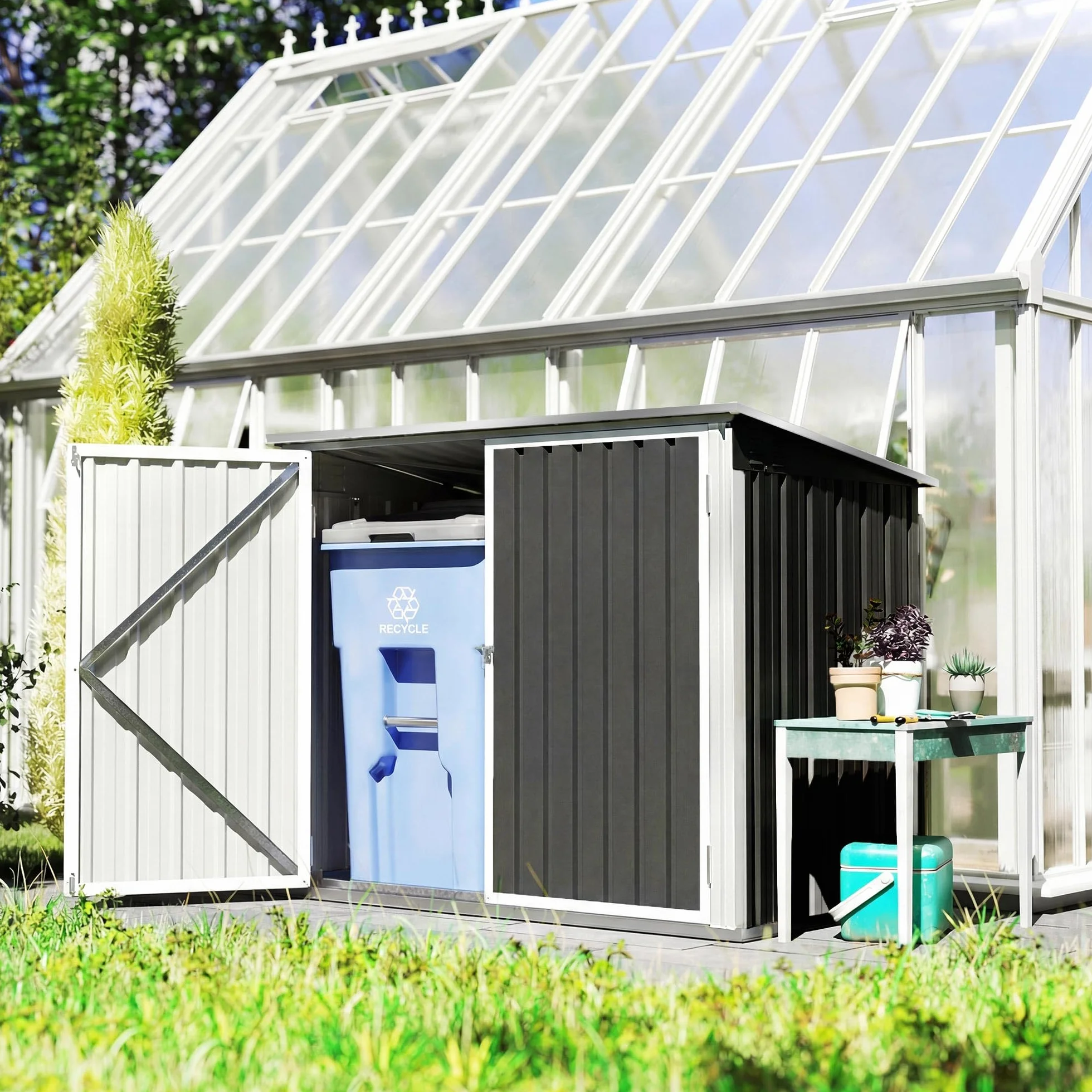 Outsunny Cobertizo para Contenedor de Basura Doble, Acero Galvanizado, 179.5x108x129.5 cm, Gris Oscuro