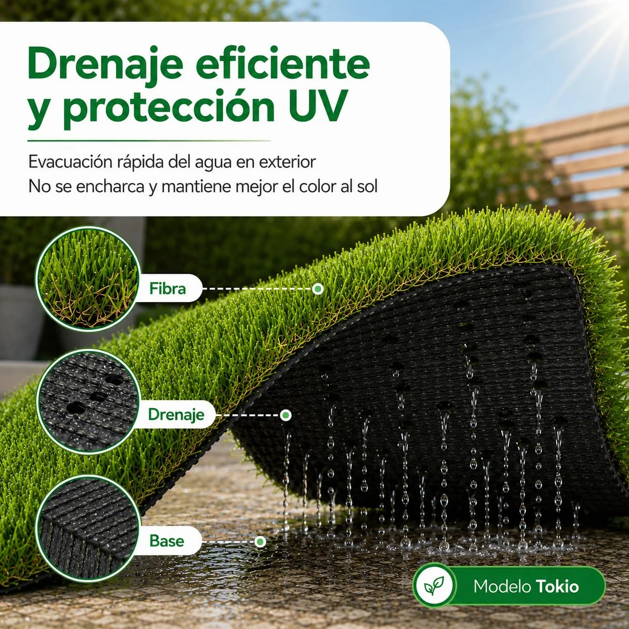 Césped Artificial TOKIO 40 mm 2x5 m Rollo Resistente UV Alta Densidad 18.900 Puntadas Drenaje 800 l/h/m²