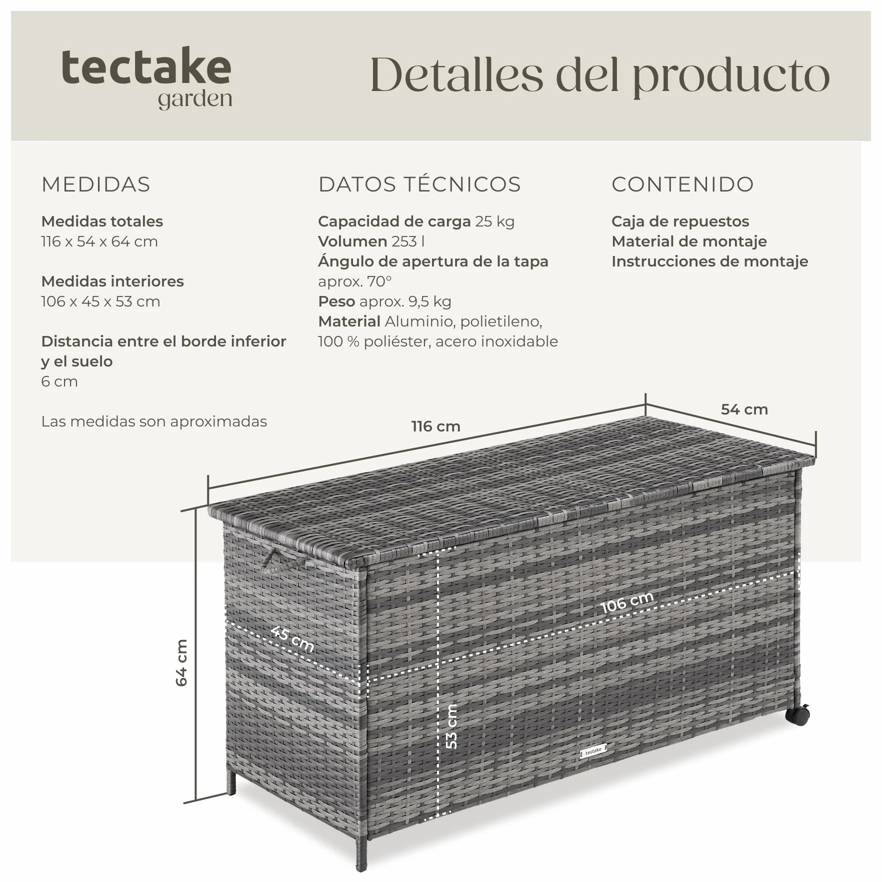 tectake Baul Almacenaje Exterior 253L Aluminio Ratán 116x54x64 cm Gris