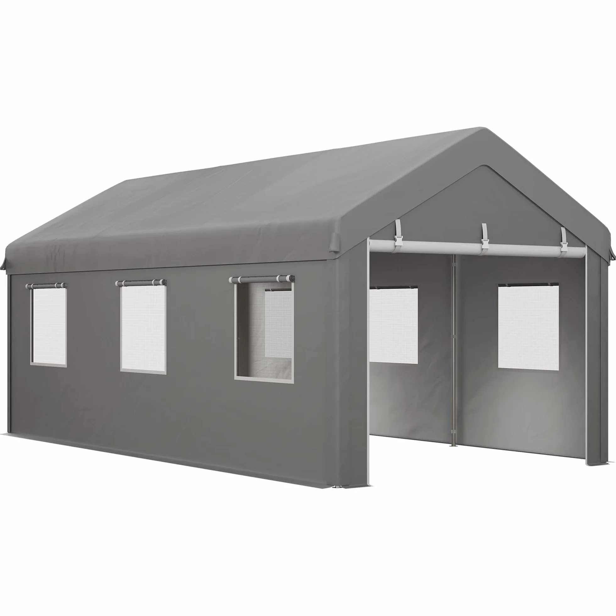 Outsunny Tente cochera Garaje 6L x 2,95l x 2,78H m Acero galvanizado PE Alta Densidad 160 g/m² Impermeable Anti-UV 2 Puertas enrollables 6 Ventanas