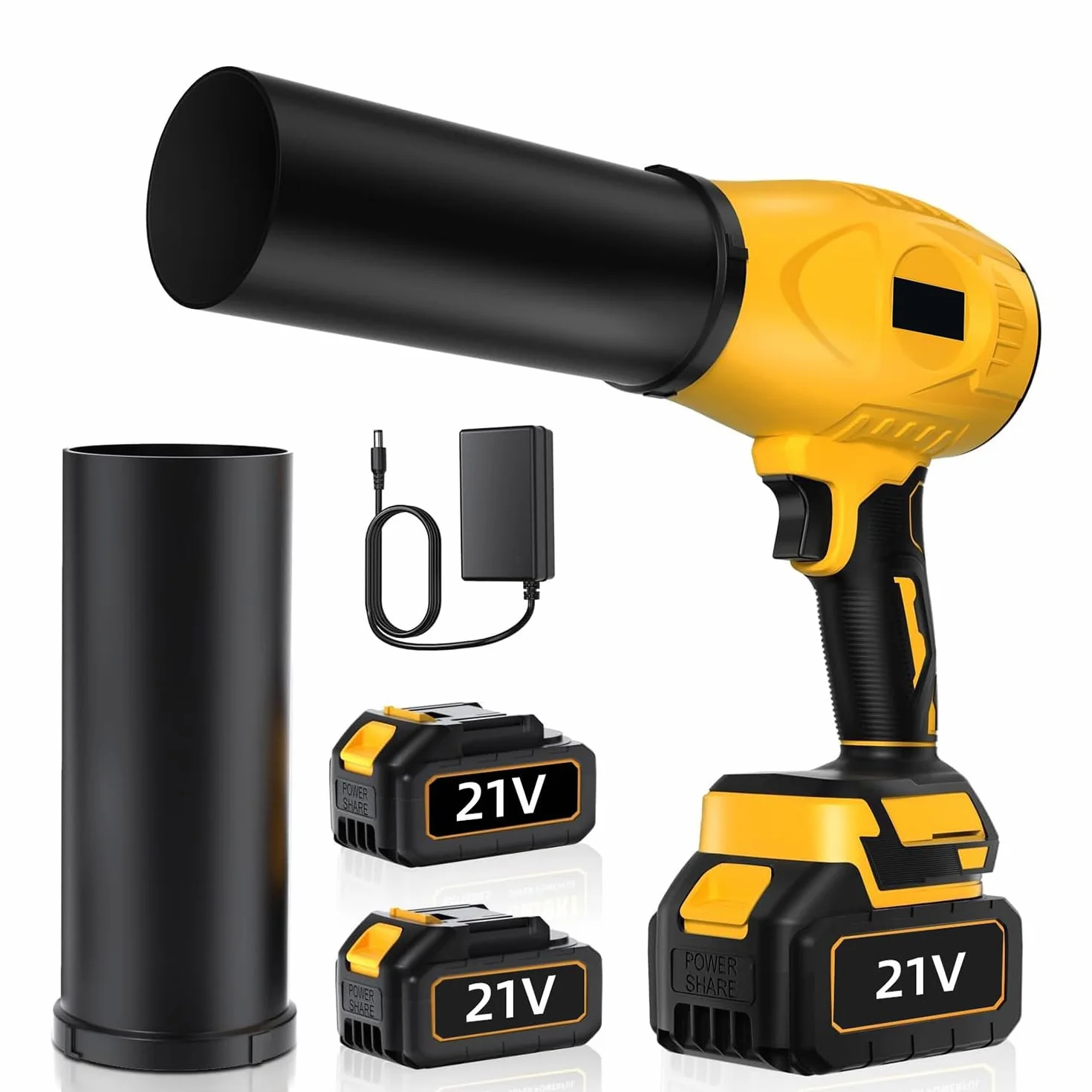 Soplador eléctrico turbo de 3000 W, con 2 baterías, motor sin escobillas, 30.000 rpm, soplador de polvo eléctrico, soplador de aire para hojas, nieve y polvo, ajustable sin niveles (amarillo)