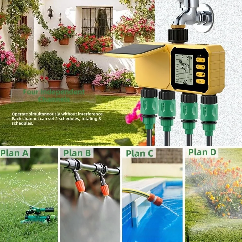 Controlador solar de riego de 4 canales, temporizador de riego de jardín, material de latón con sensor de lluvia y respaldo USB, para automatización de invernadero de césped, cama de flores, vegetales