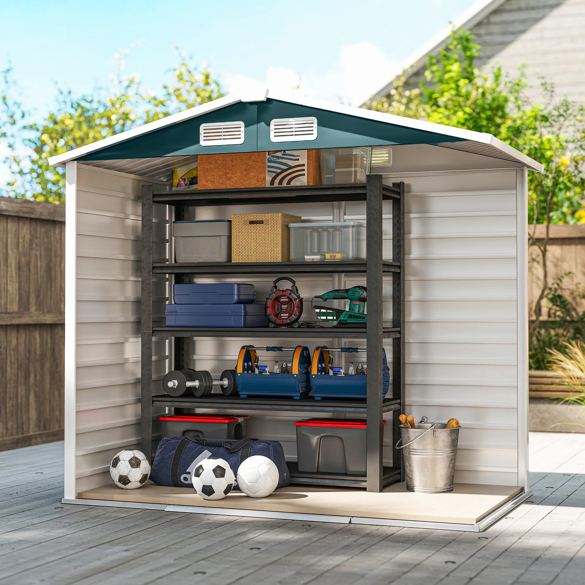 Outsunny Caseta de Jardín Exterior 2,36m² 213x120x194 cm Cobertizo con Base Refuerzo Puertas Correderas Dobles Candado Ventanas Verde Oscuro