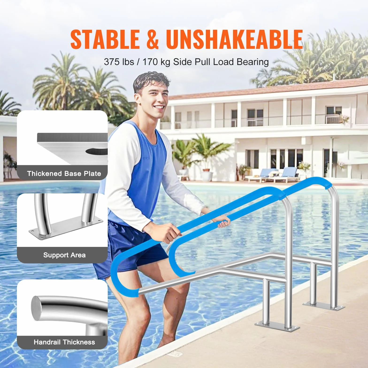 VEVOR Barandilla para Piscina 1420 x 945 x 100 mm Pasamanos de Acero Inoxidable con Placa Base
