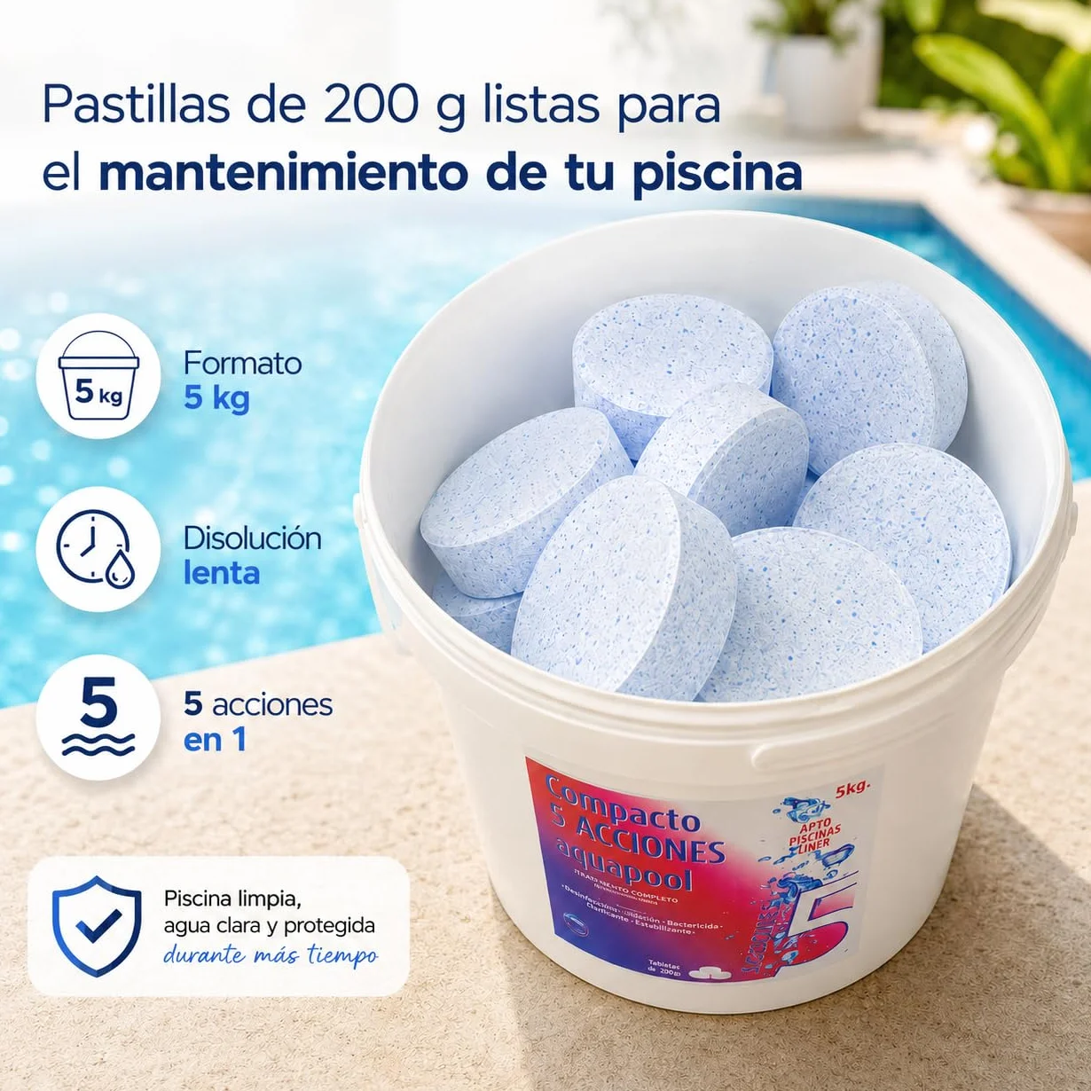 Compacto 5 ACCIONES AQUAPOOL Pastillas de Cloro multifunción 5 KG Disolución Lenta Piscinas Liner