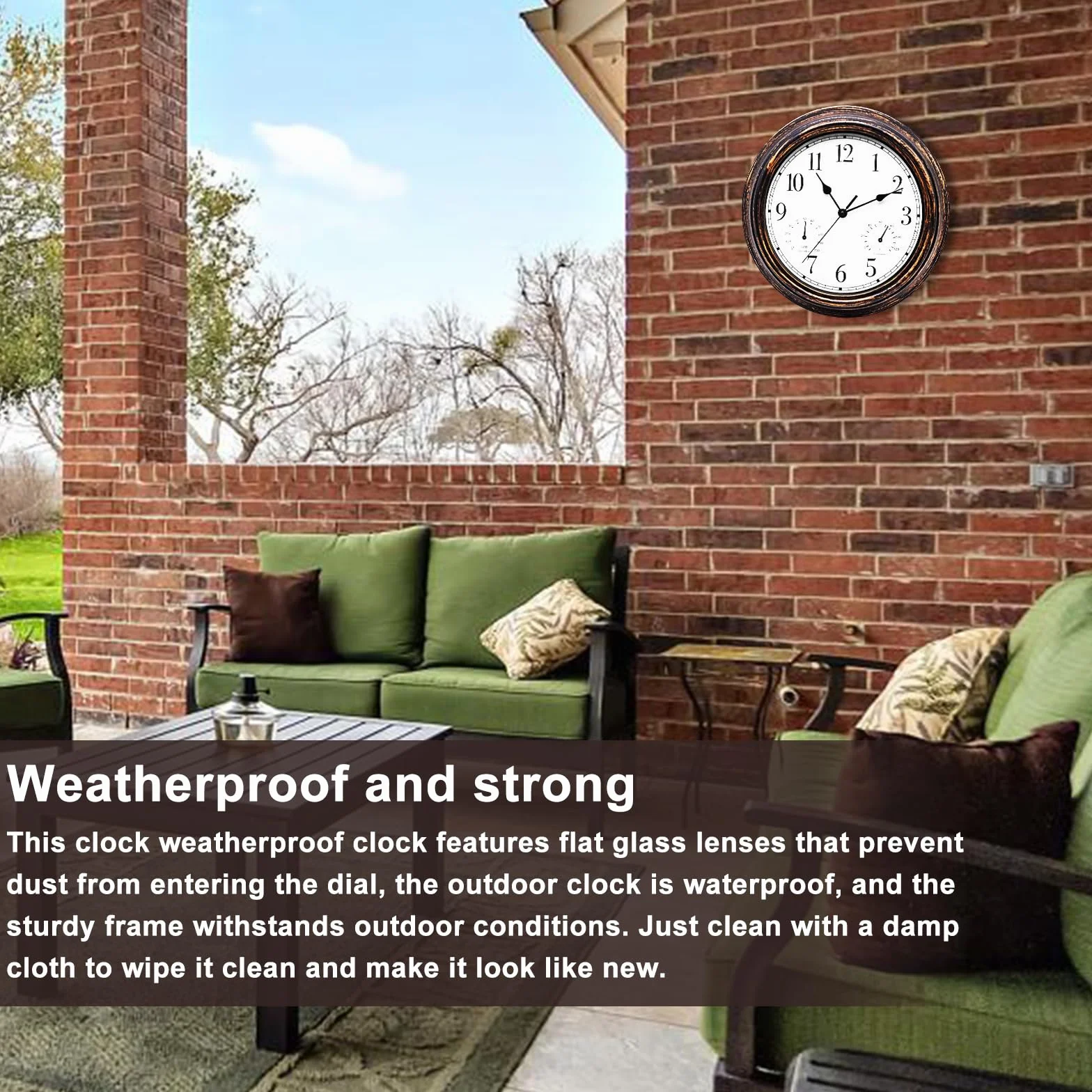 12 Pulgadas Reloj De Pared Impermeable Con Termómetro Y Medidor De Humedad Para Jardín Exterior
