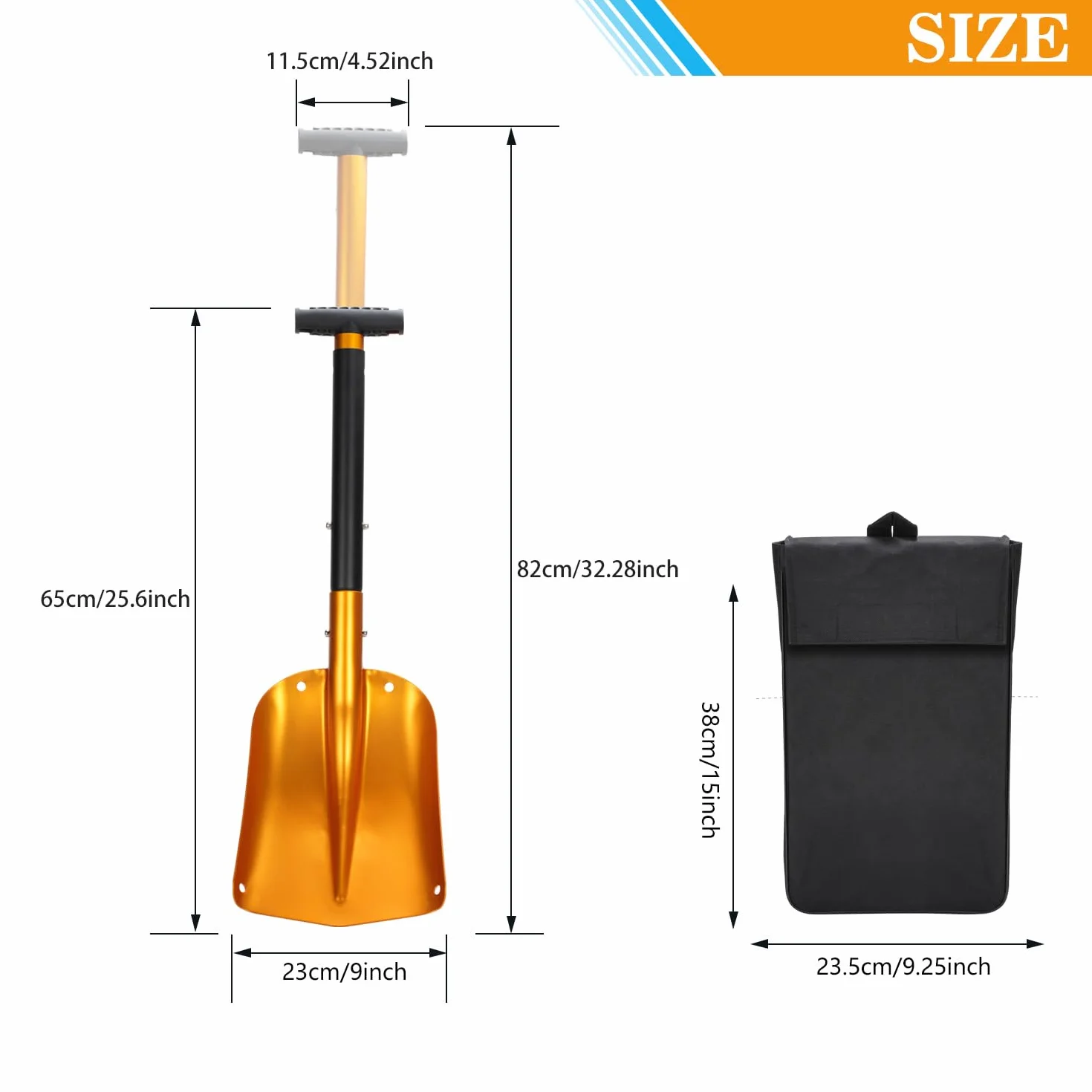 Pala de nieve plegable 4 en 1 de aluminio, 40 x 30 cm, desmontable con bolsa para emergencias