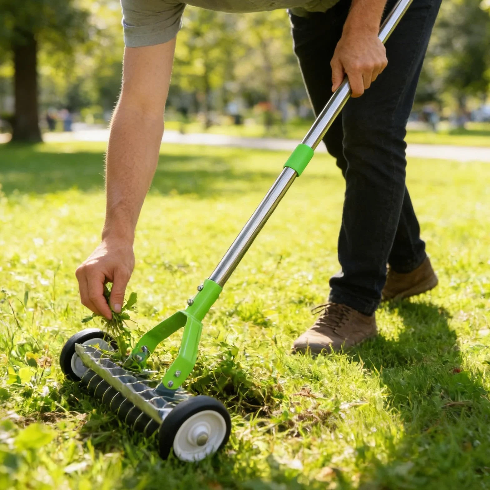 Rastrillo Desbrozador Herramienta de Jardinería Resistente con Mango | Escarificador de Paja con Rodillo Para Patio, Jardín, Finca, Recogida de Restos de Césped, Hojas y