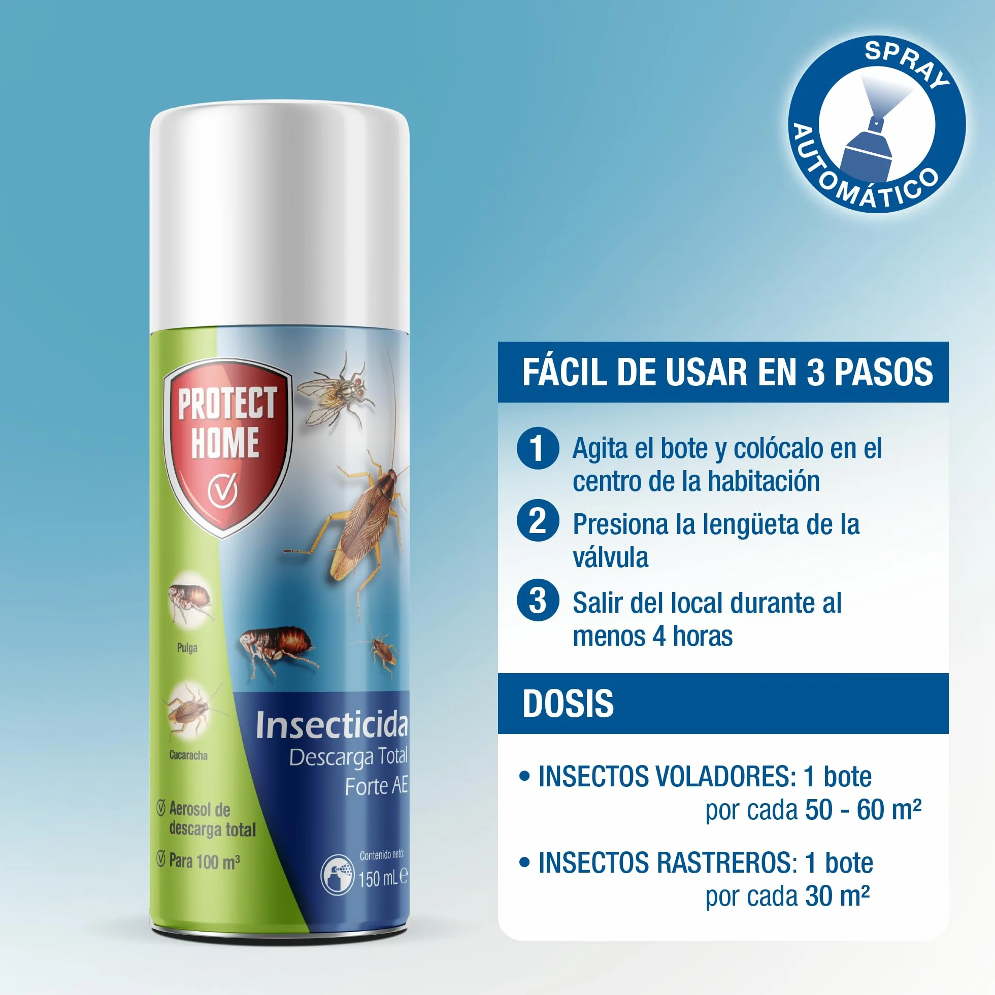 Insecticida Descarga Total Automática Elimina Insectos Voladores y Rastreros Acción Rápida 3 Minutos