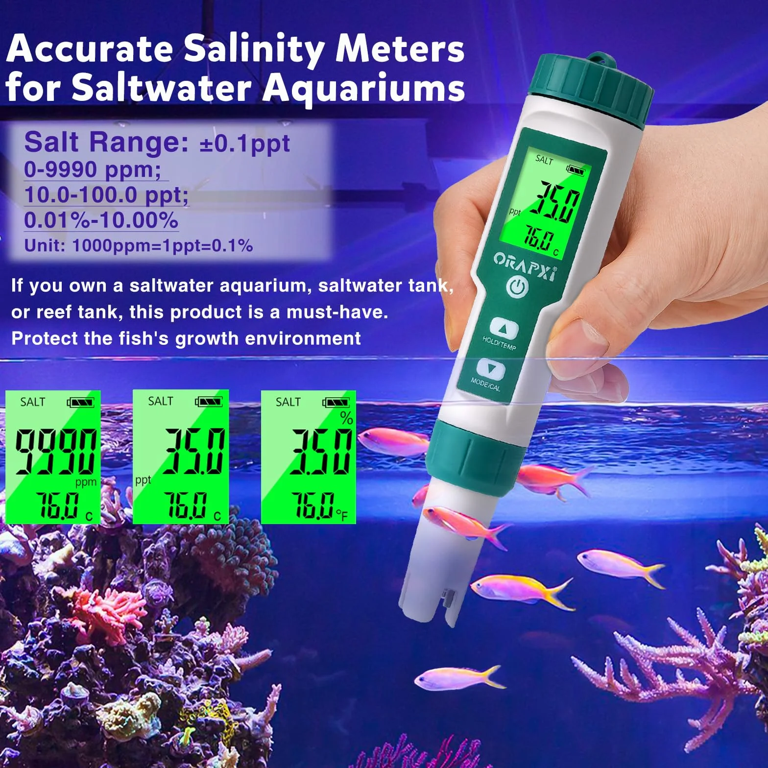 Probador de sal de piscina ORAPXI Medidor de pH y sal para piscina de agua salada Probador digital de pH y salinidad 5 en 1 Medidor de sal para piscinas Jacuzzis y spas de natación