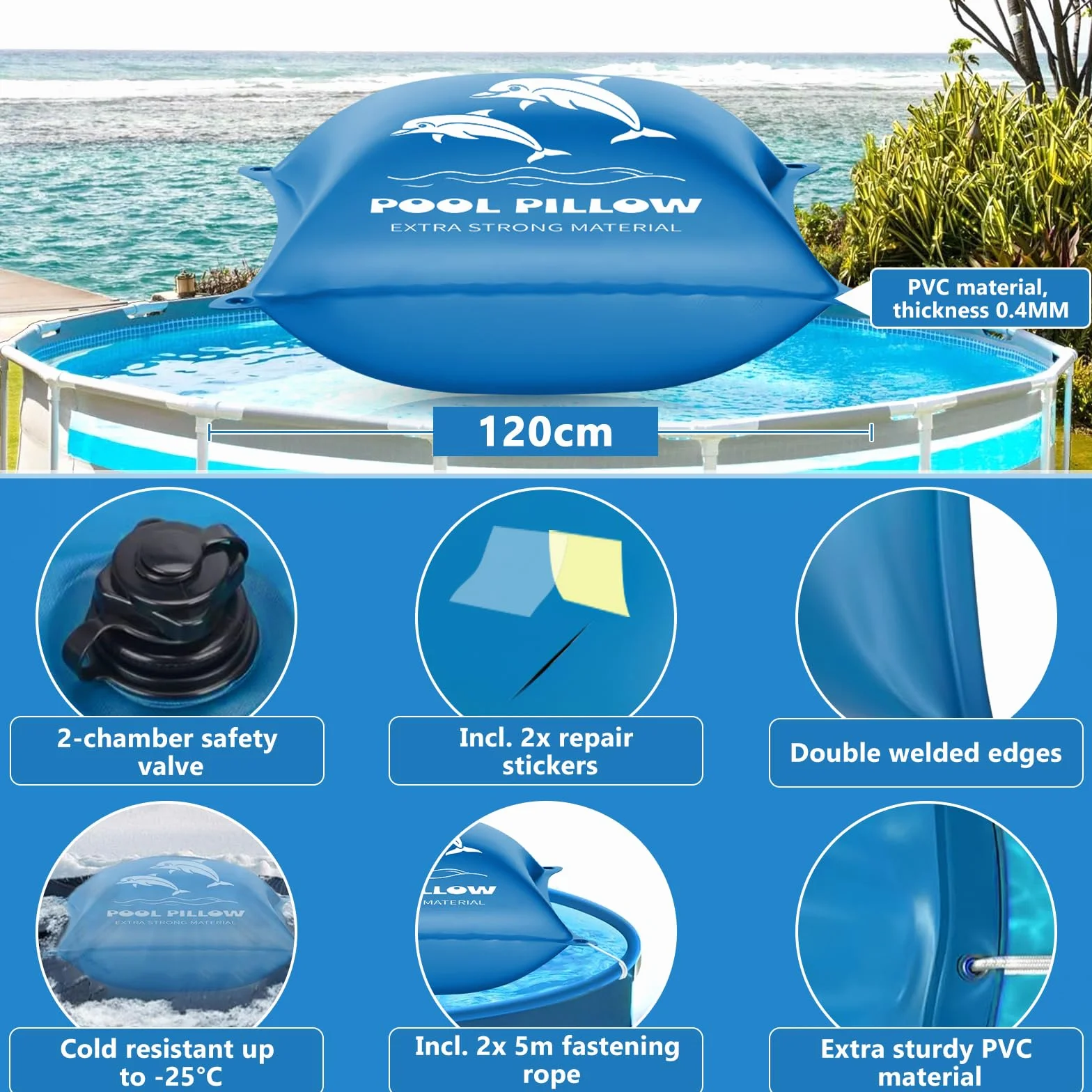 Cojín de Aire para Piscina XXL 120x120 cm, Anticongelante, Doble Costura con Kit de Reparación