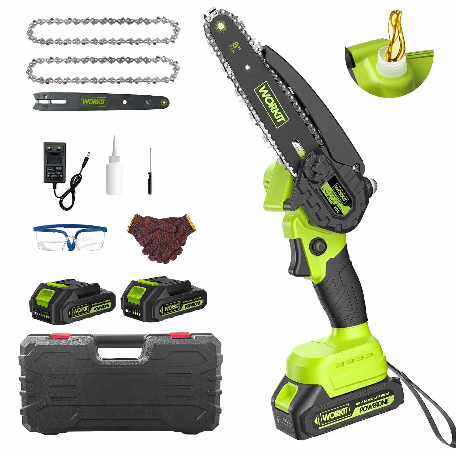 WORKIT Mini motosierra de 20 V con batería, batería sin escobillas, motosierra y batería de 15 cm, sierra de podar con batería y una sola mano, incluye 2 baterías de 2,0 Ah y engrasador automático