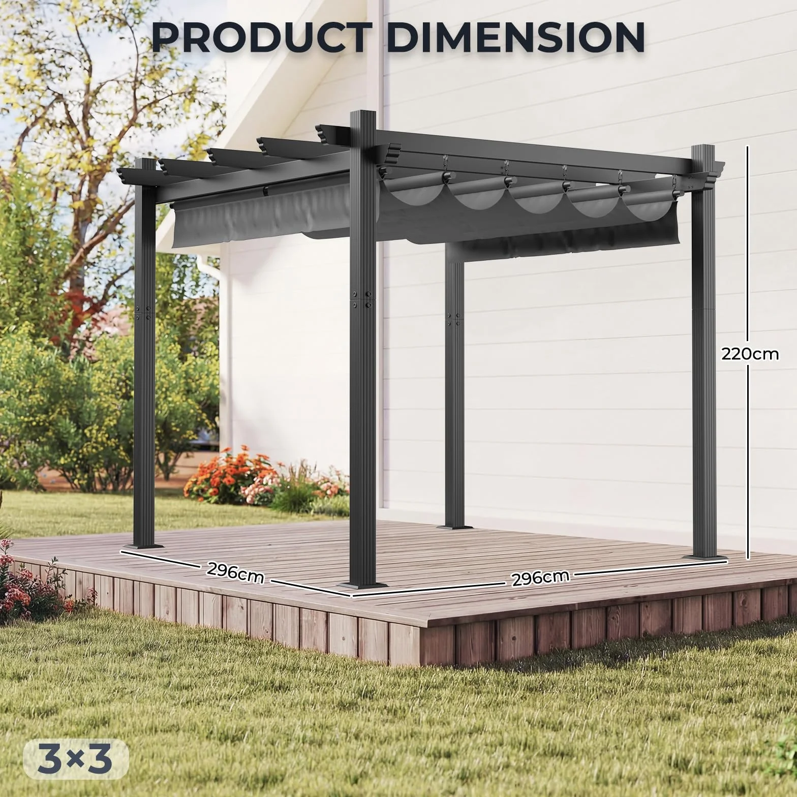 Devoko Pergola Bioclimatica 3x3m, Pergolas de Jardin, con Fijaciones Magnéticas y Zona de Sombra Ajustable, Cenador Pergolas de Aluminio, Adecuada para Escenarios como Jardines y Patios, Negro