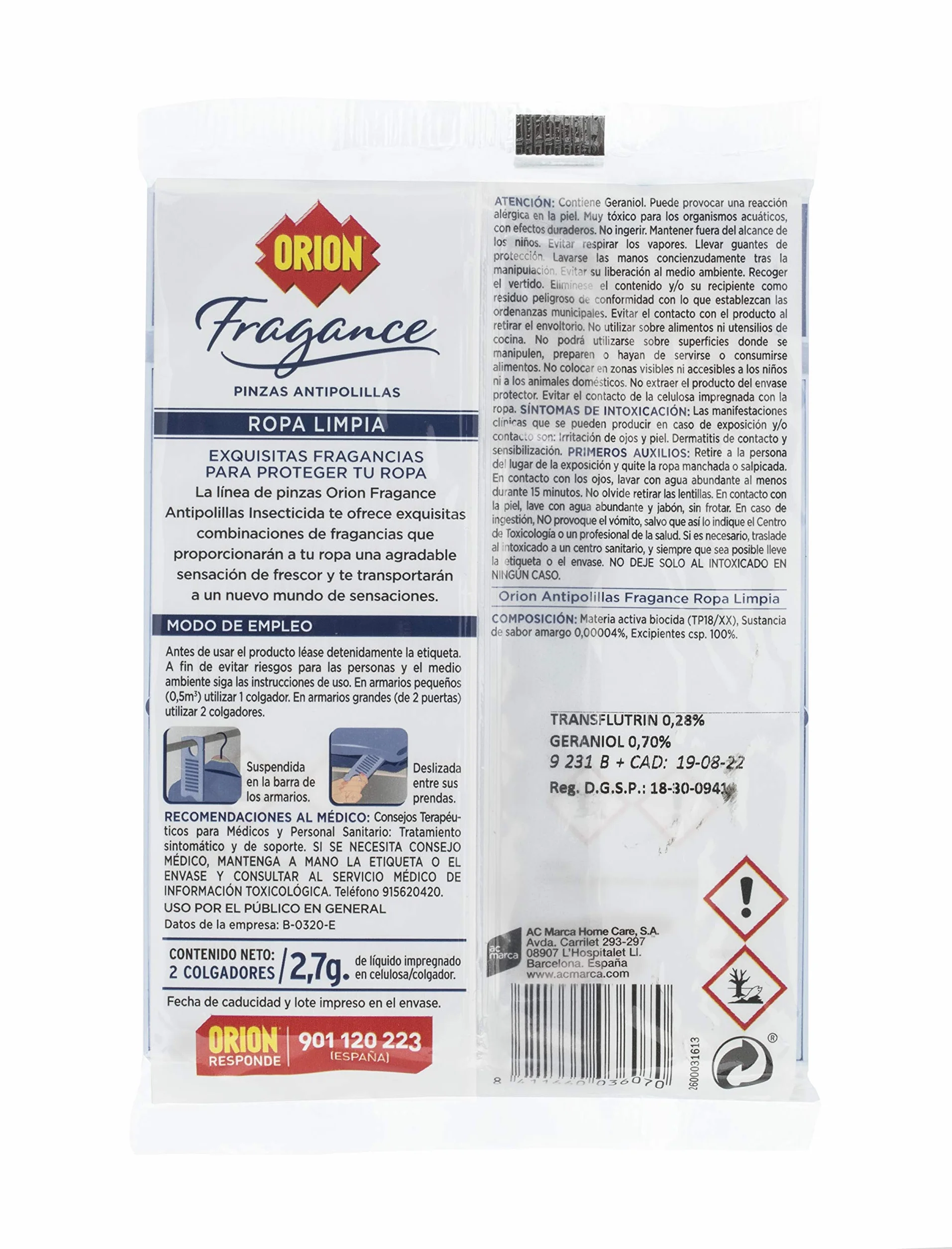 Orion Fragance - Pinzas Ambientadoras Antipolillas, contra Insectos, para Armarios, Aroma Ropa Limpia - 2 pinzas