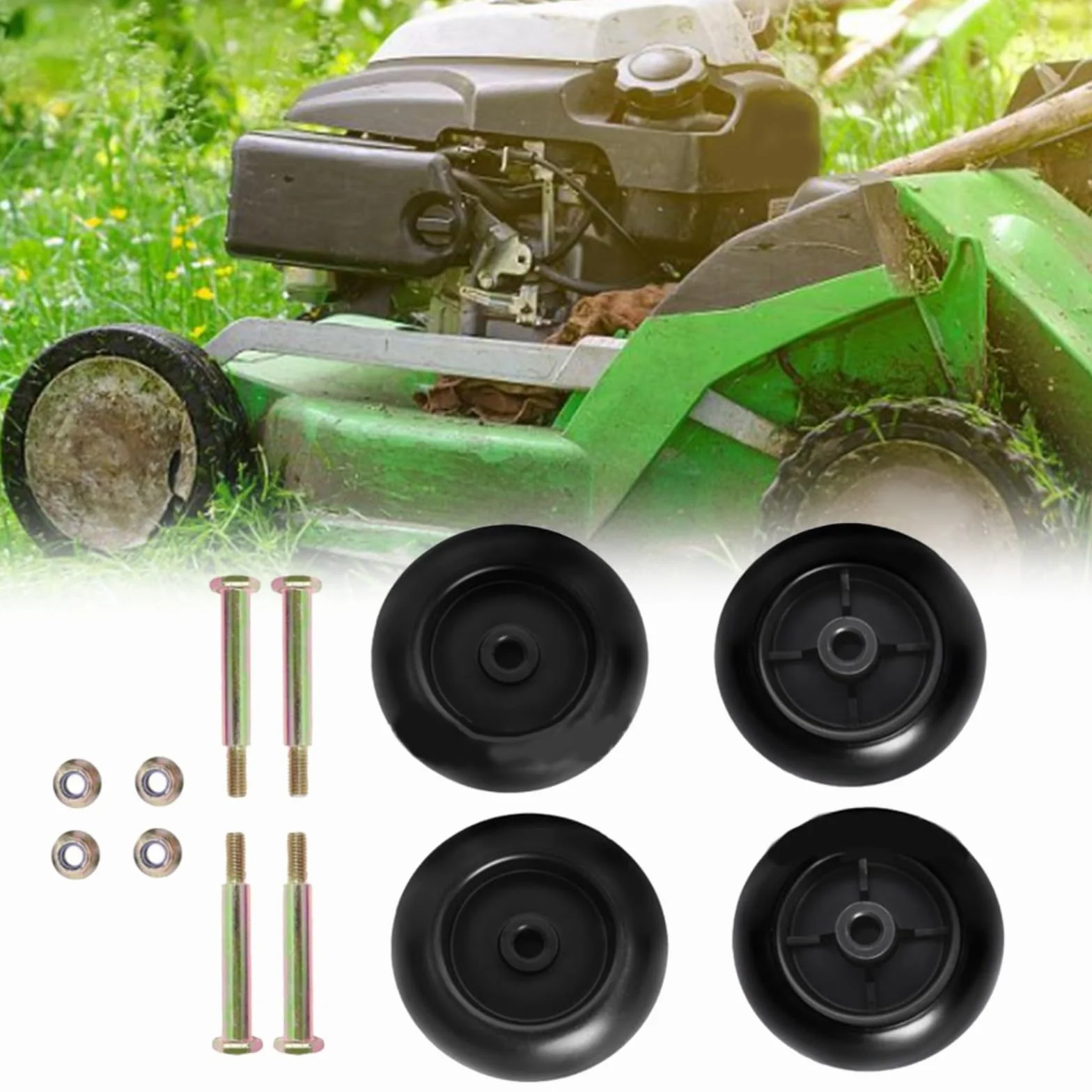 KiraKira Paquete de 4 ruedas para cortacésped compatibles con 532133957 532174873 589527301 734-3058 112-0677 1700184 42-54 pulgadas, color negro