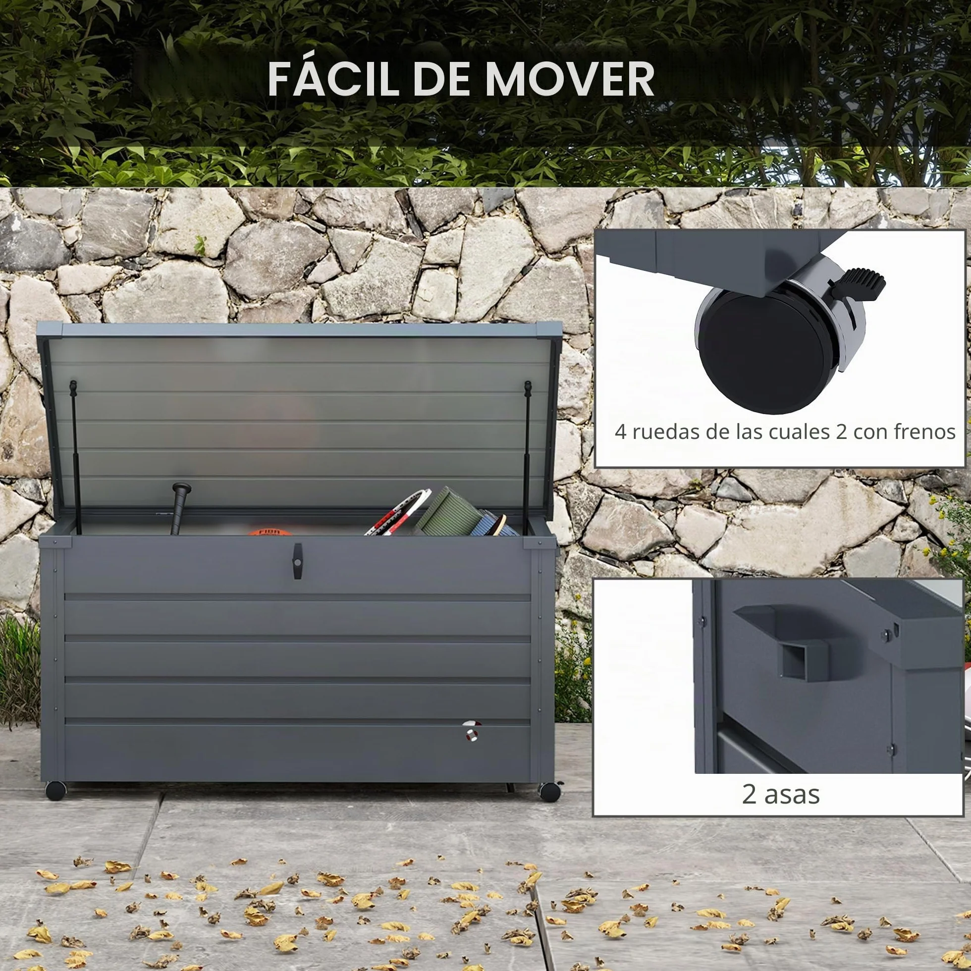 Outsunny Baúl Almacenaje Exterior 311L Acero Galvanizado 4 Ruedas Impermeable 120x62x66 cm Gris Oscuro