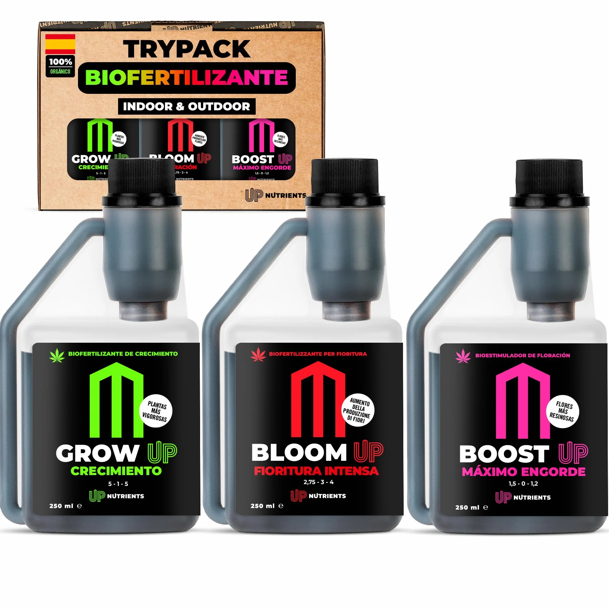 UP NUTRIENTS Trypack Fertilizante Grow Bloom Boost 250 ml Abono Orgánico Indoor Outdoor Enraizamiento Crecimiento Floración Cogollos Estimulador Flores Plantas