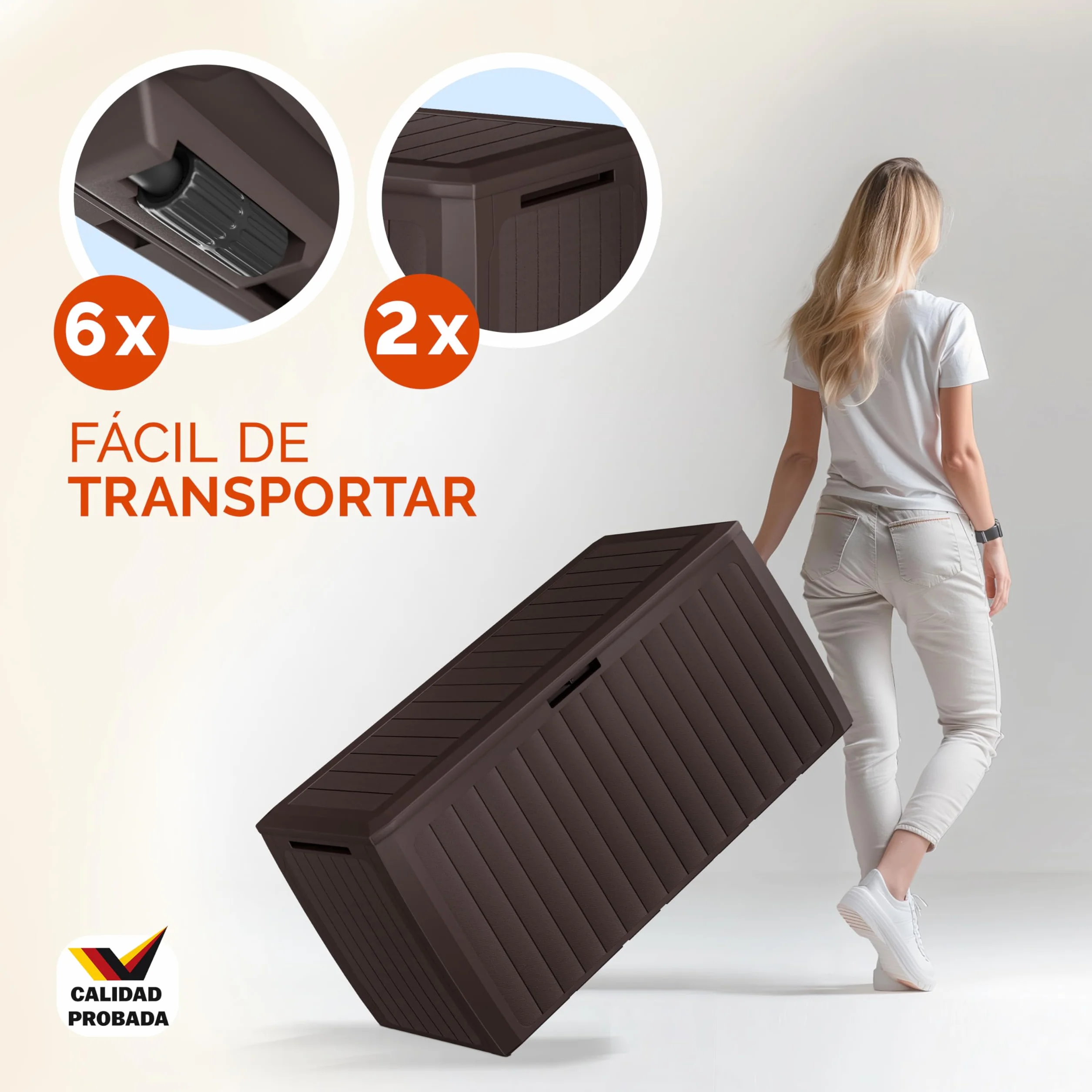 CASARIA Arcón Jardín Exterior Baúl Almacenaje 290L 6 Ruedas Asas Resistente Intemperie Rayos UV 117x47x60cm Marrón