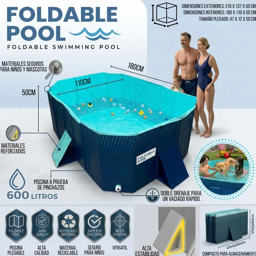Piscina Plegable 180x110x50cm para Niños y Adultos Portátil Desmontable
