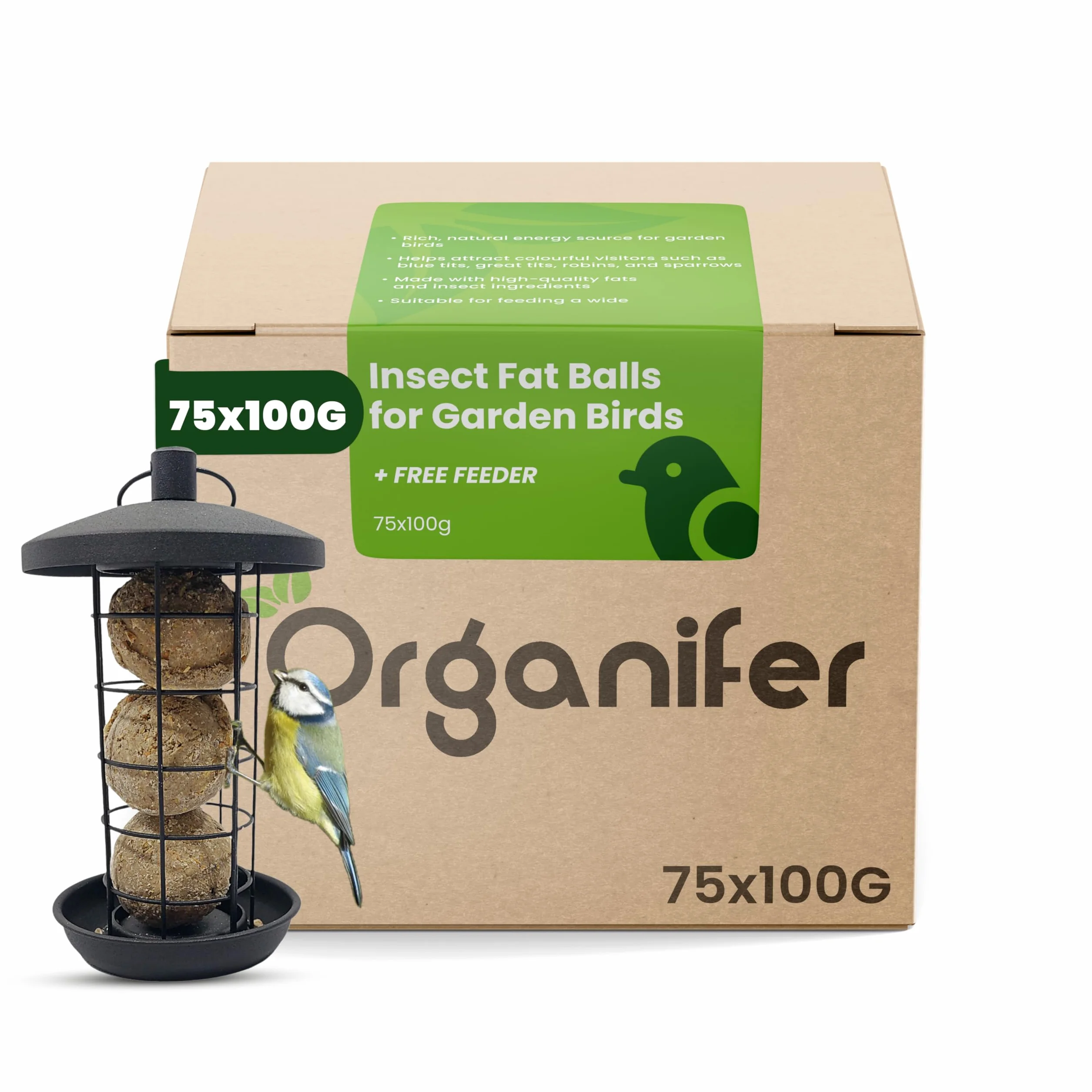 Bolas De Grasa para Insectos para Pájaros De Jardín - 75x100g | Con Soporte Gratuito - Con Gusanos De Harina Y Semillas De Girasol - Organifer