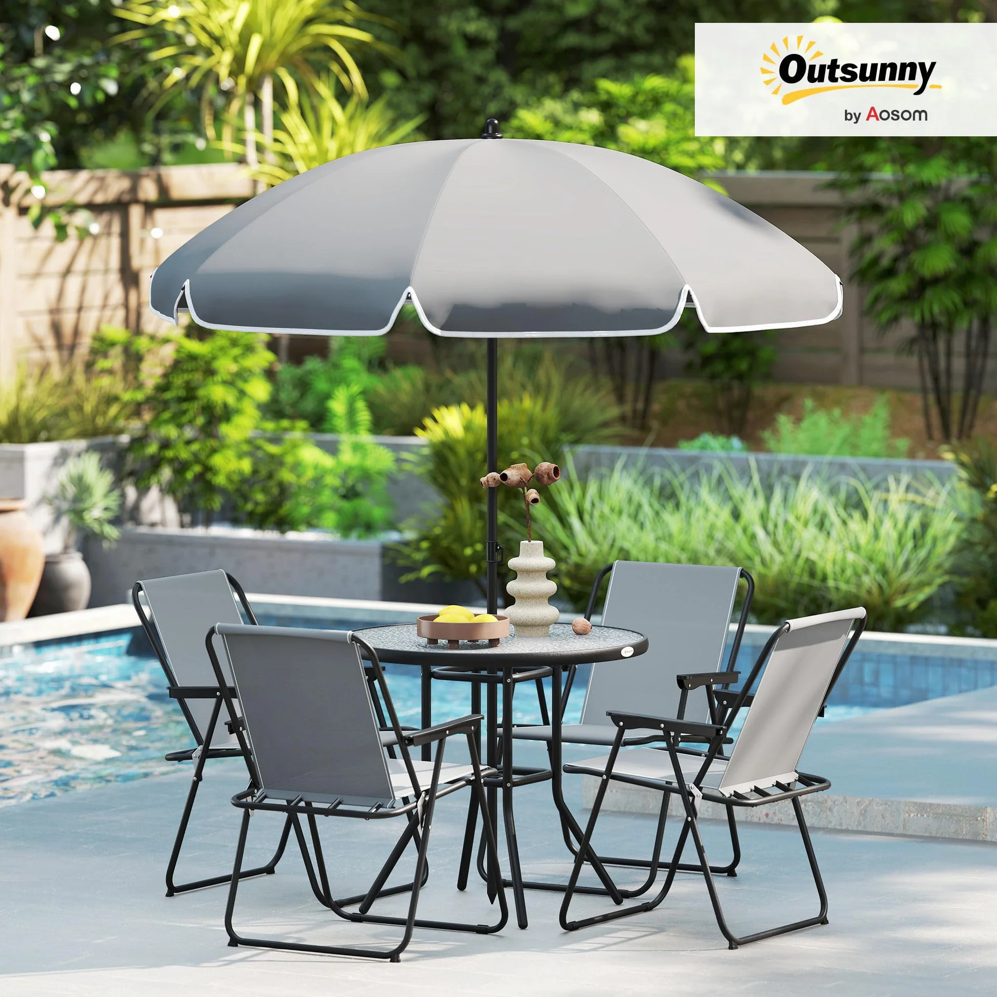 Outsunny Conjunto de Mesa y Sillas Jardín de 6 Piezas Muebles de Jardín Exterior con 4 Sillas Plegables Mesa de Vidrio y Sombrilla para Terraza Patio Gris