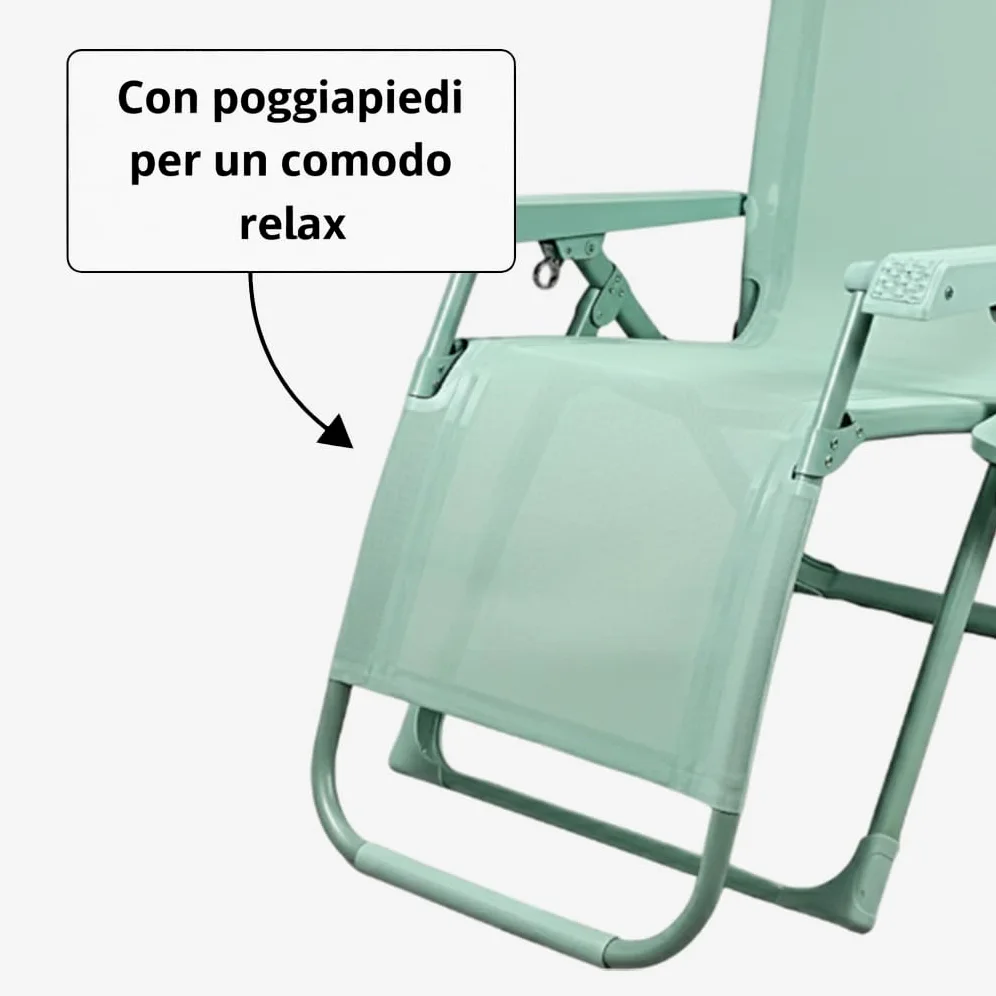 BAKAJI Juego de 2 sillas Gravity Luxor con bandeja portaobjetos, reposapiés, cojín para terraza, patio, cero gravedad, plegable y ahorra espacio, estructura resistente y revestimiento textileno (verde